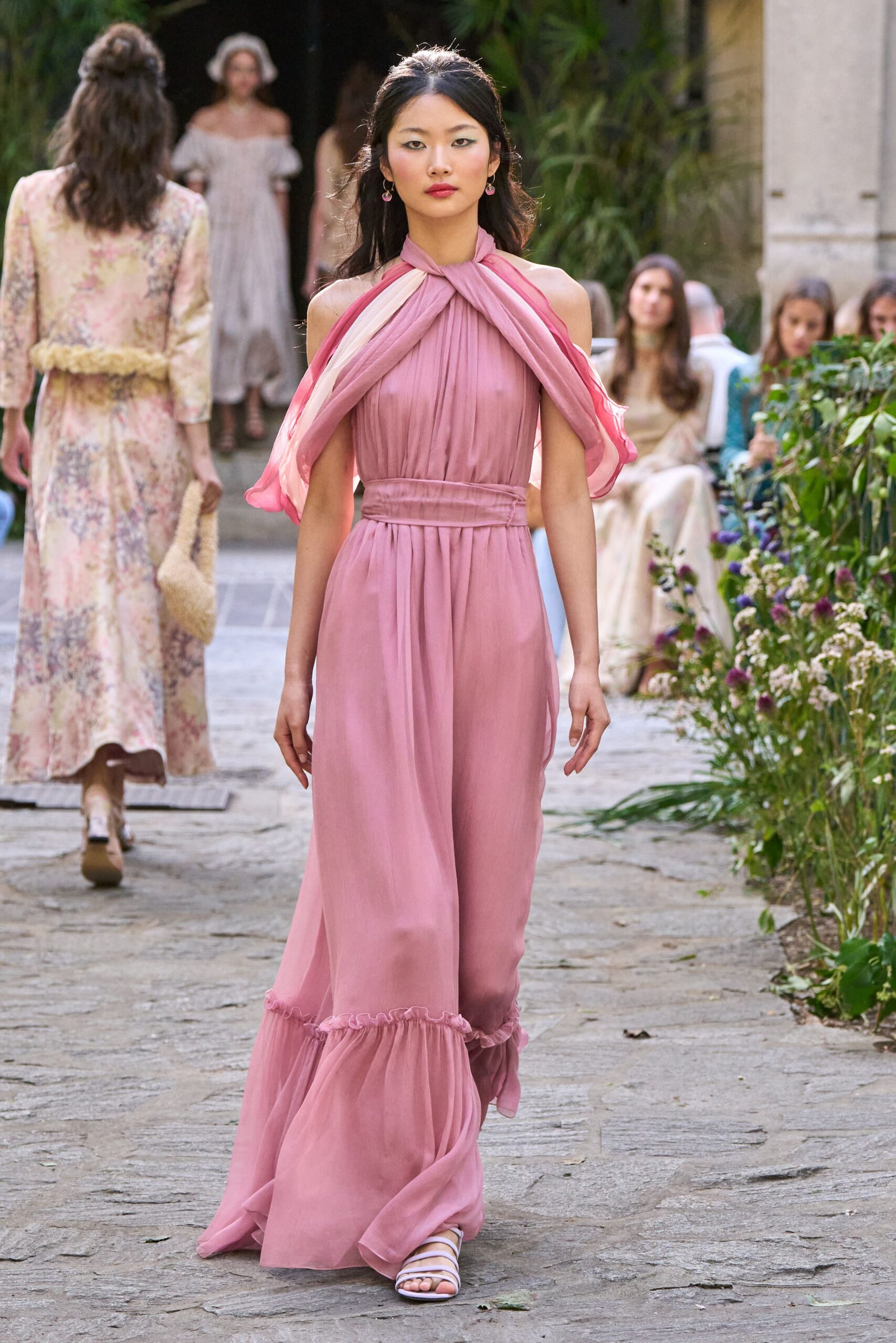 pink chiffon halter sleeveless draped ruffled gown