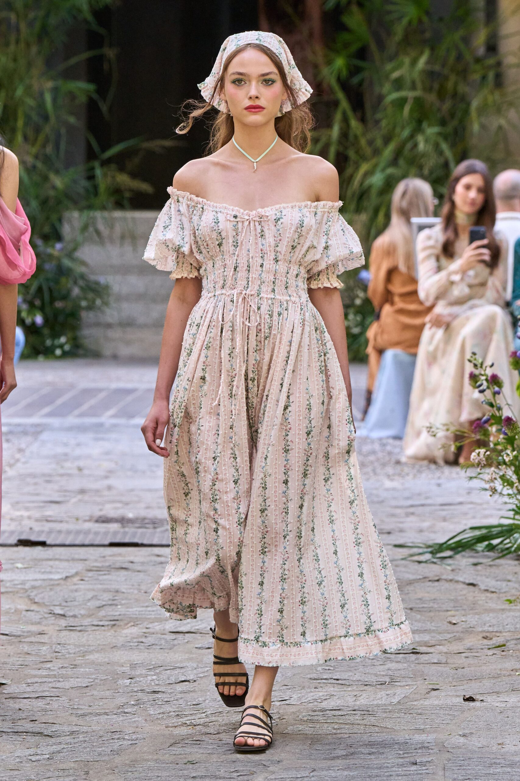 pink unknown off-shoulder short-sleeve fitted floral ruched maxi-dress