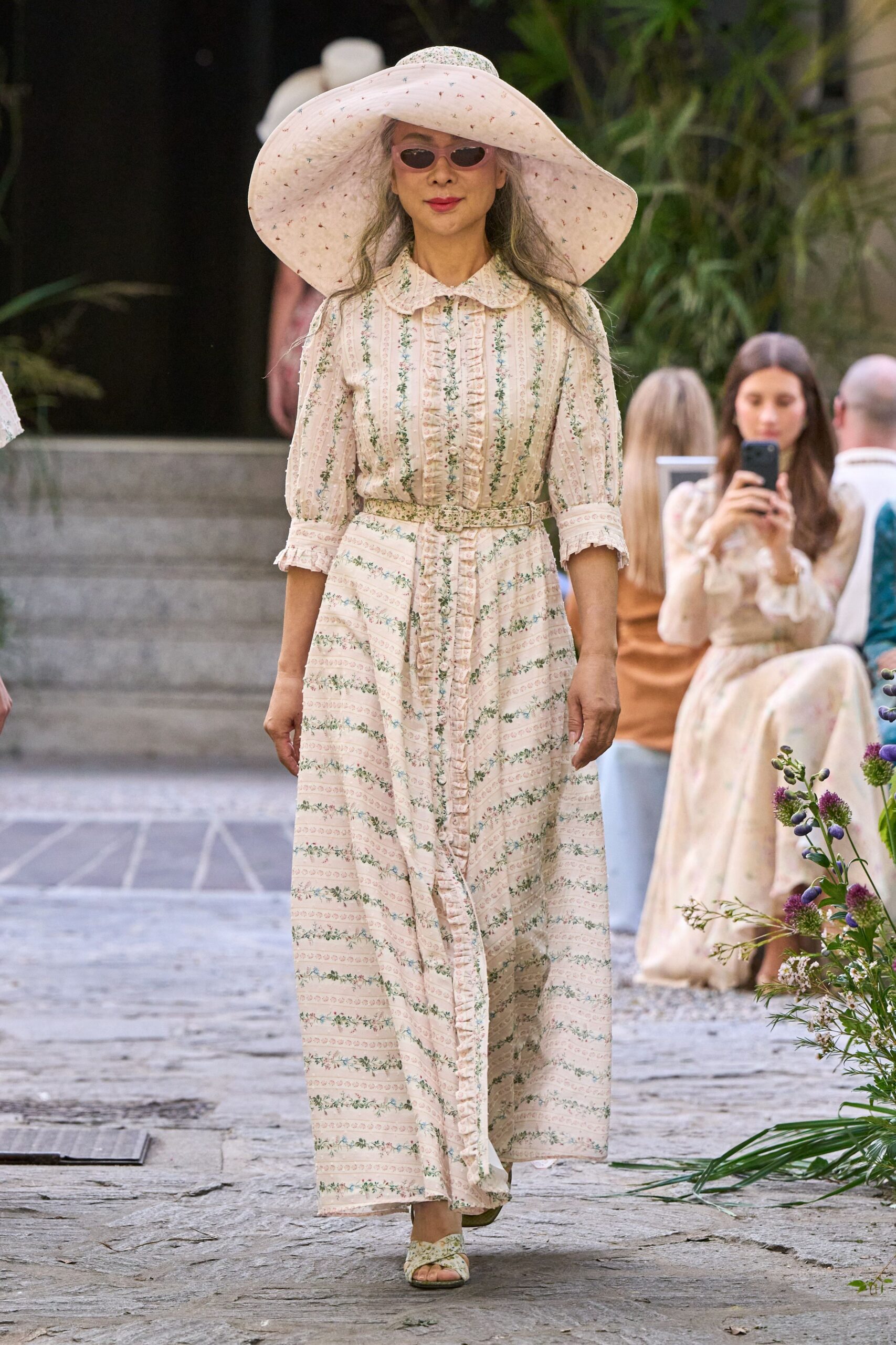 pink unknown long-sleeve collared floral ruffled maxi maxi-dress