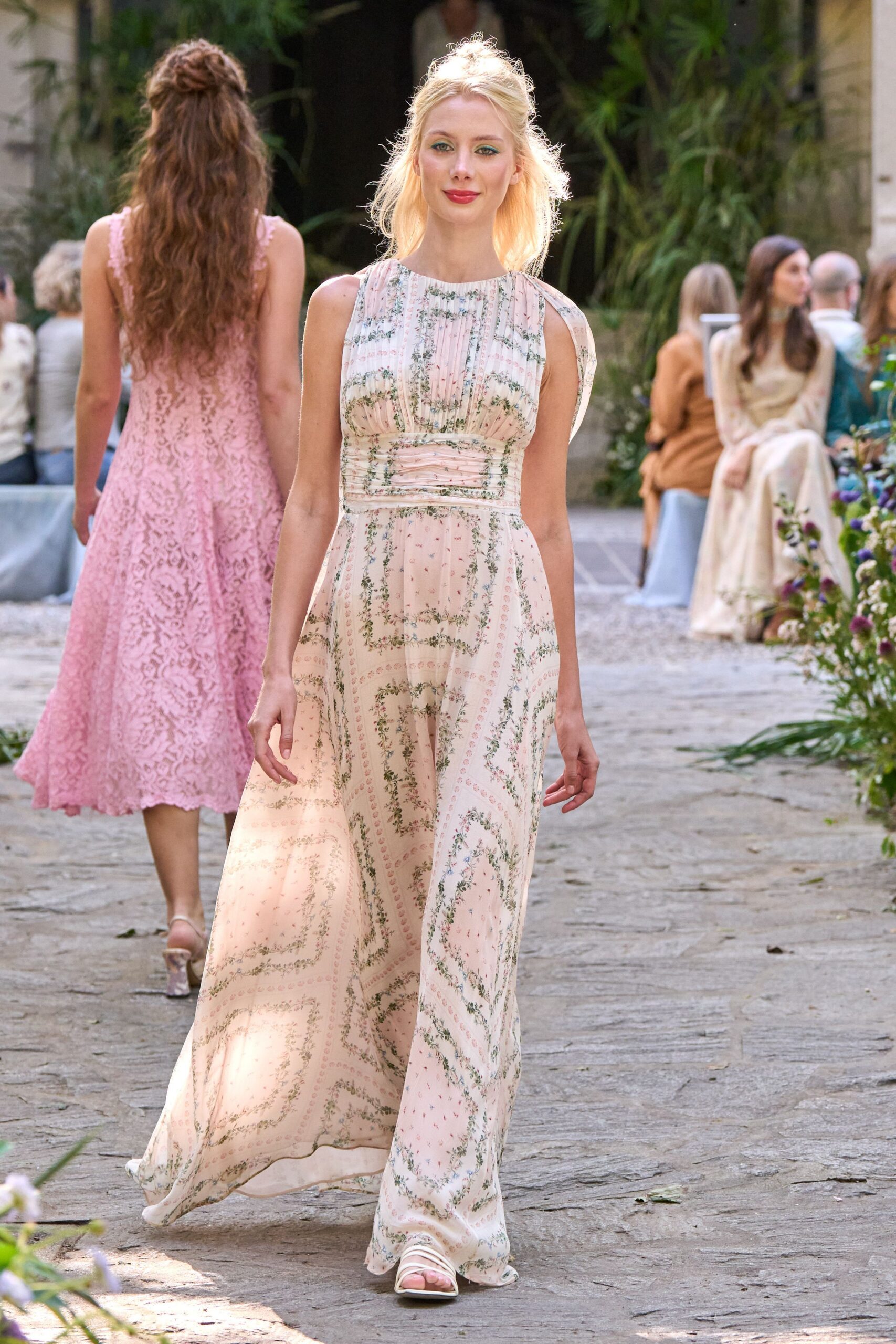 pink chiffon sleeveless high-neck floral ruched flowing maxi-dress