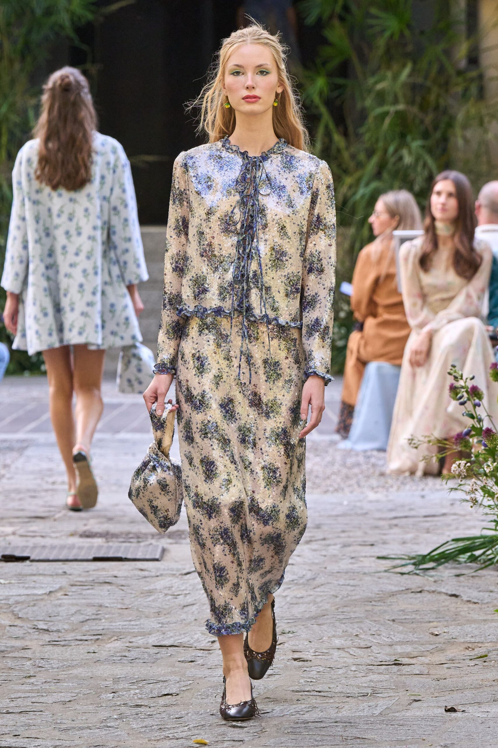 beige sequin long-sleeve high-neck floral ruffled maxi-dress