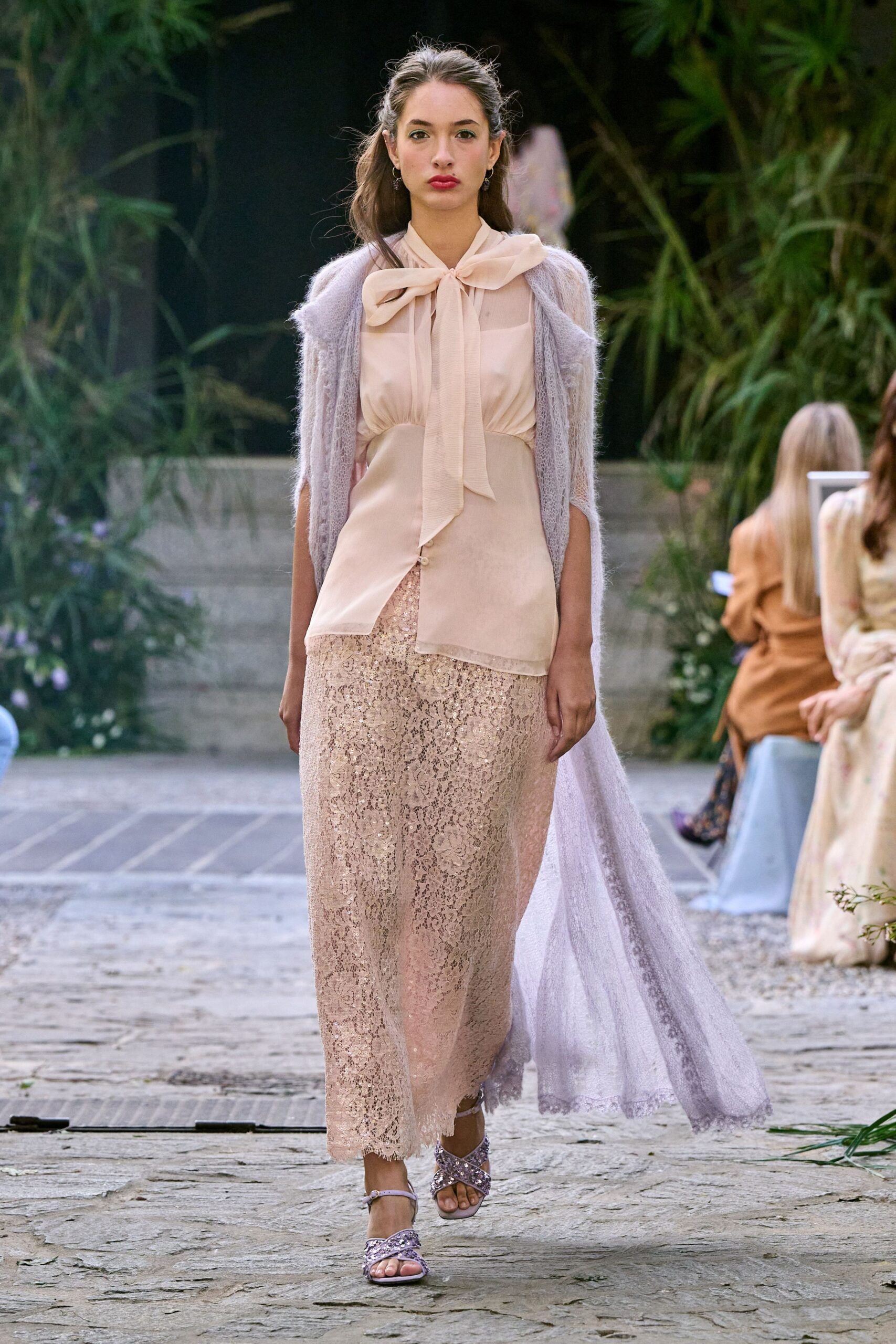 pink lace sleeveless high-neck fitted bow layered gown