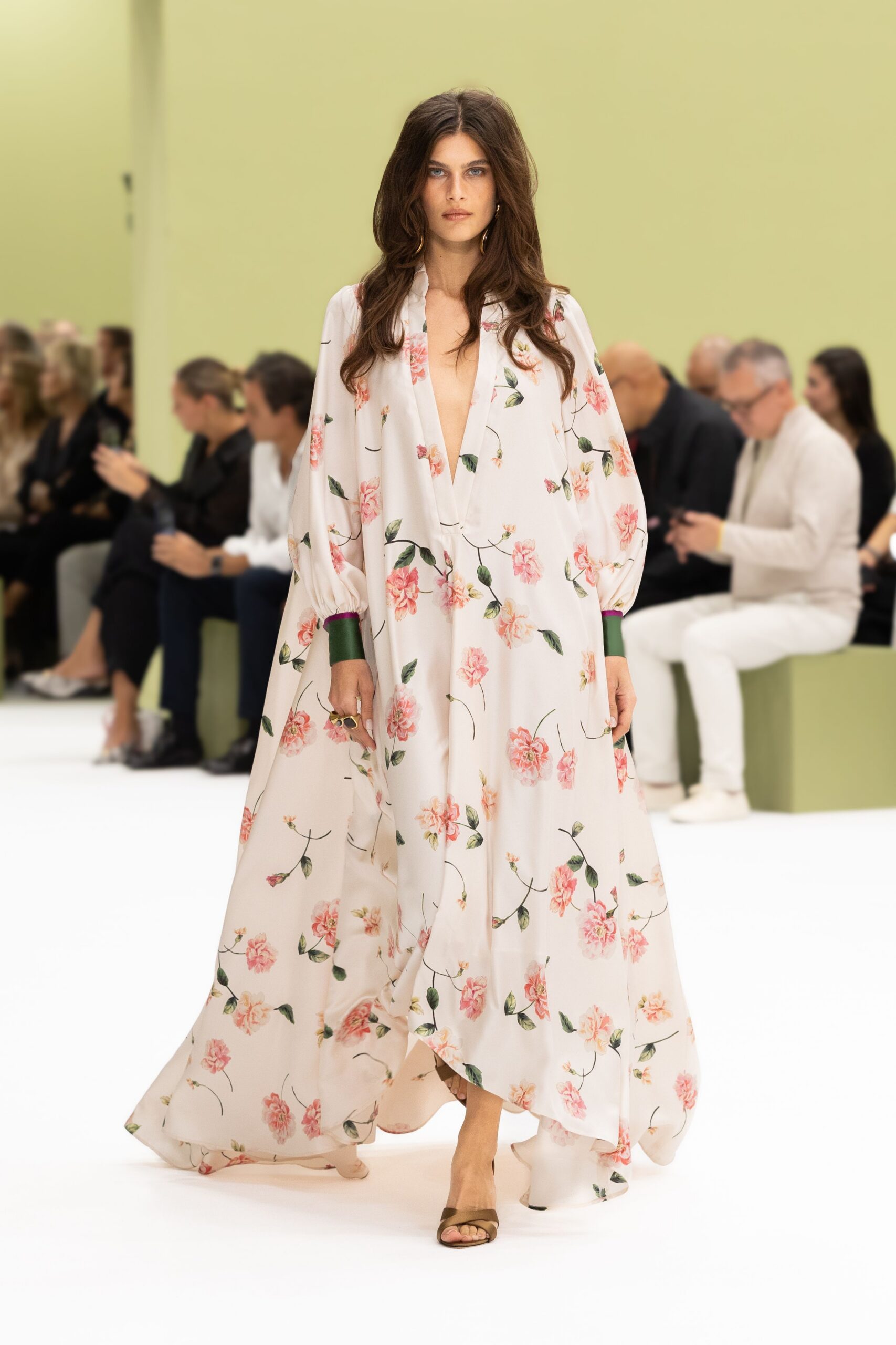 ivory chiffon long-sleeve low-cut floral draped flowing gown