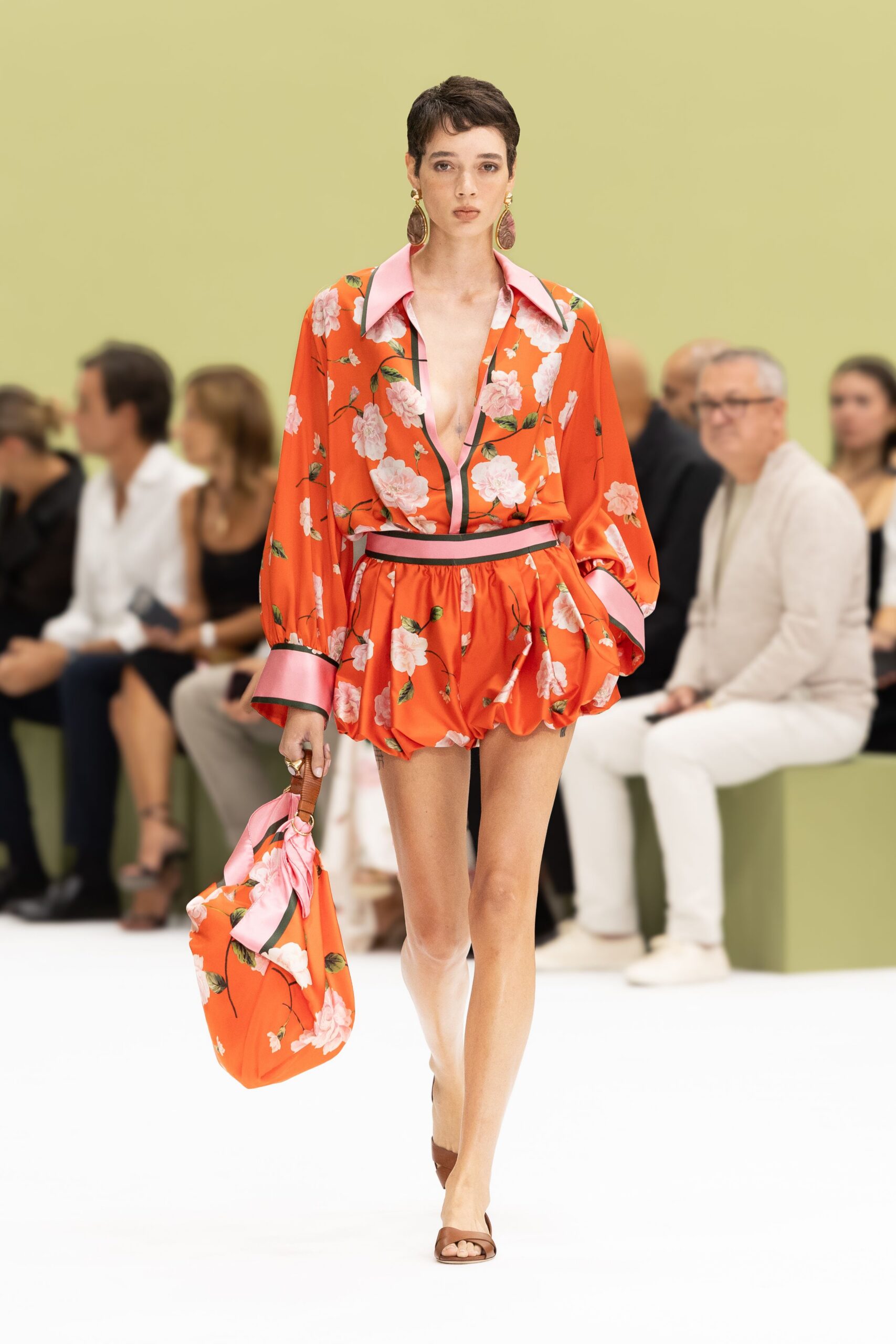 orange floral satin romper
