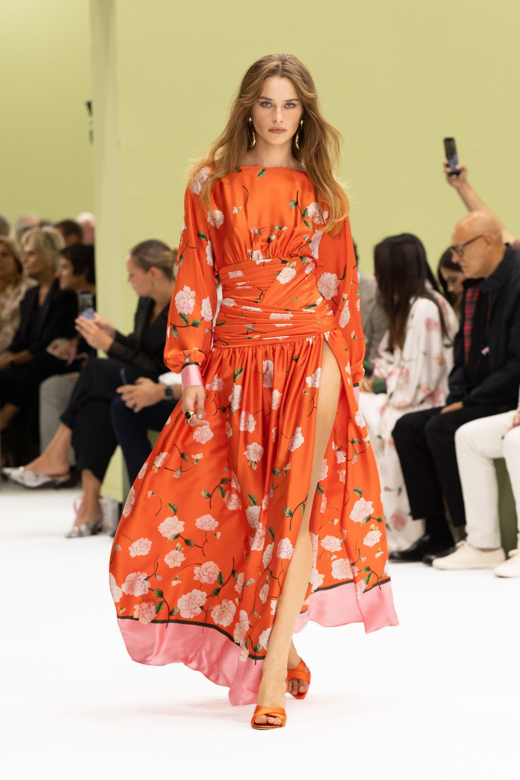 orange satin long-sleeve boat-neck floral ruched maxi-dress