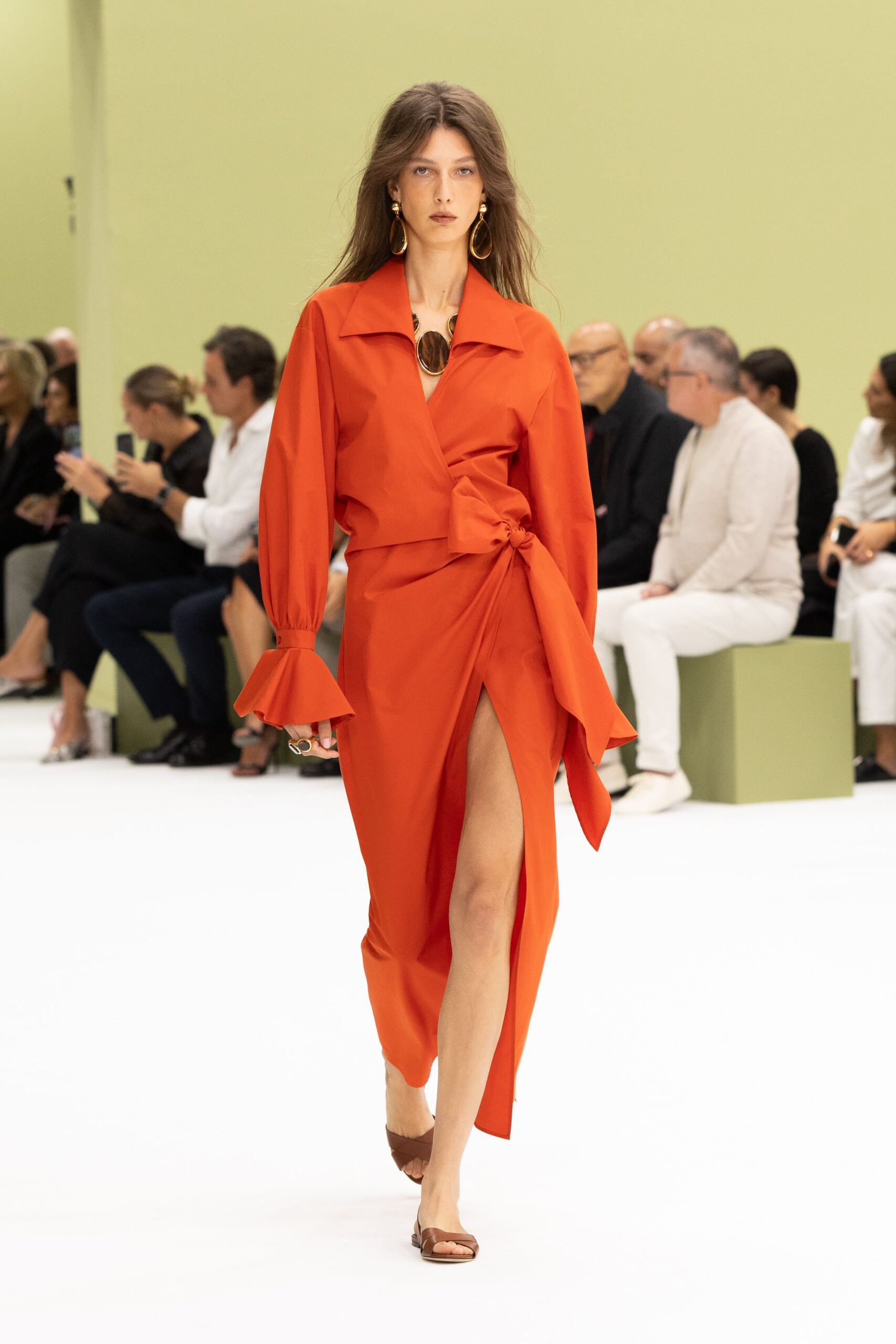 orange unknown long-sleeve collared draped knotted flowing dress