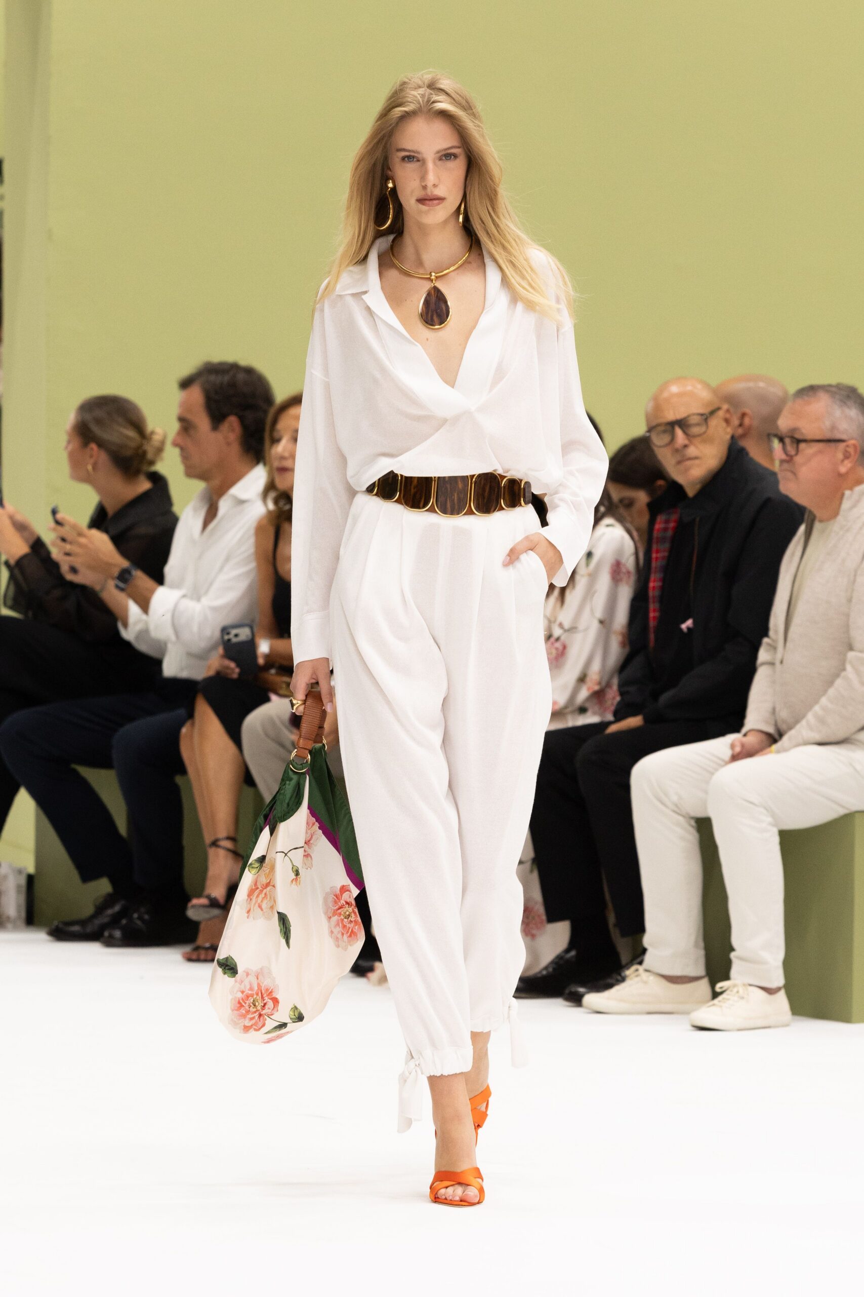 white chiffon long-sleeve collared relaxed draped belted jumpsuit