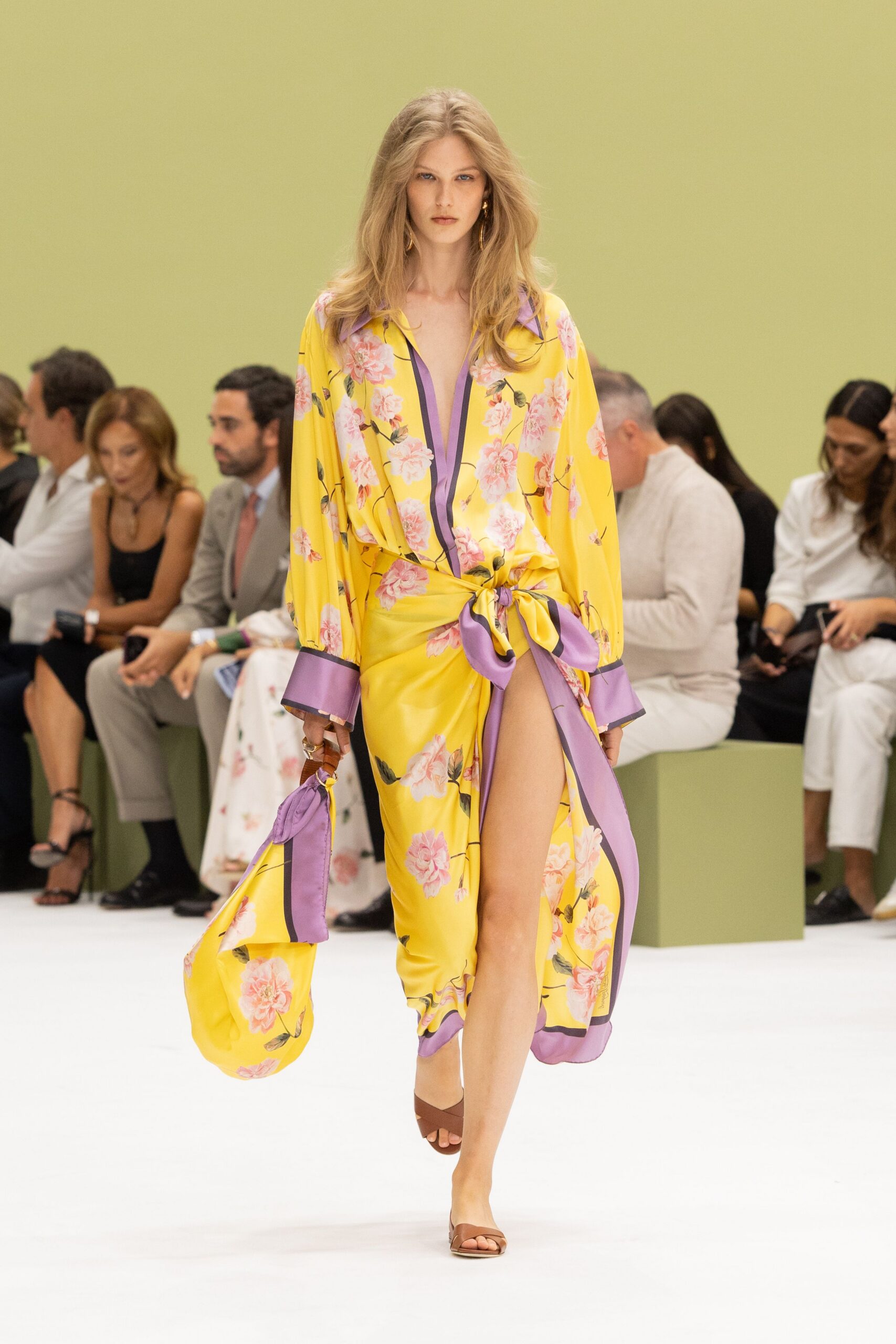 yellow satin long-sleeve collared floral draped dress