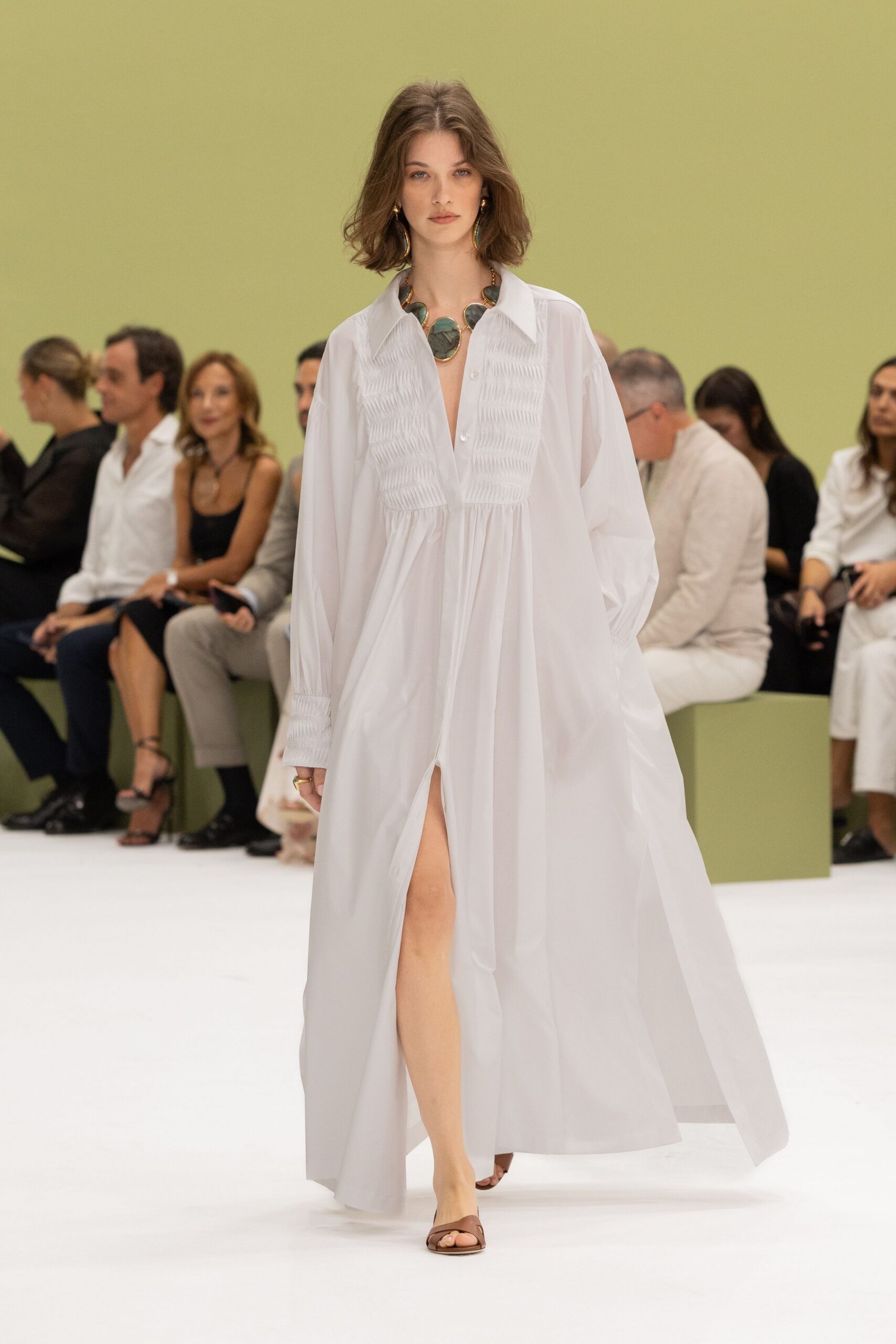 white cotton long-sleeve collared relaxed ruched buttoned maxi-dress