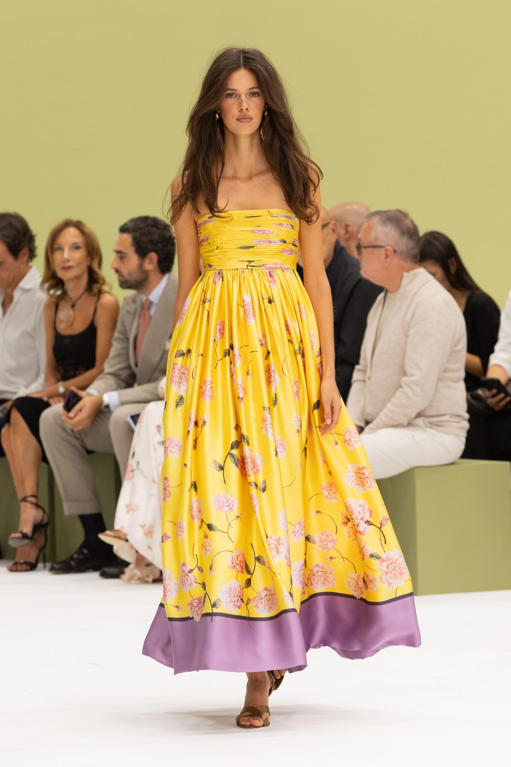 yellow satin strapless floral pleated shiny flowing maxi-dress