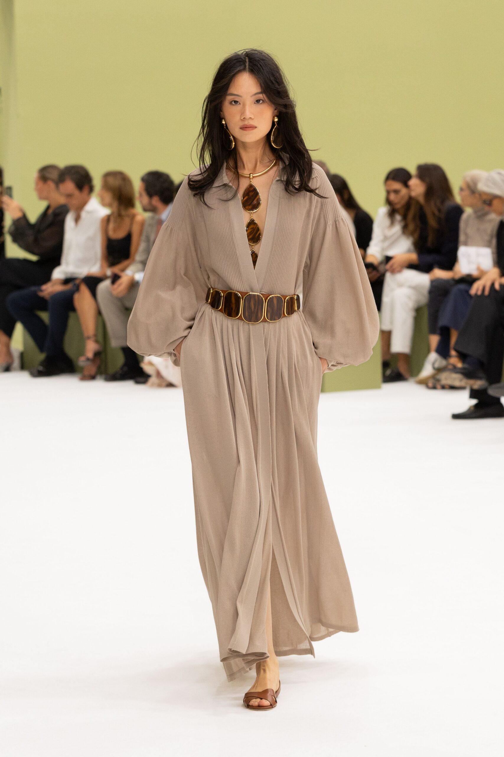 beige crepe long-sleeve v-neck relaxed draped pleated maxi-dress