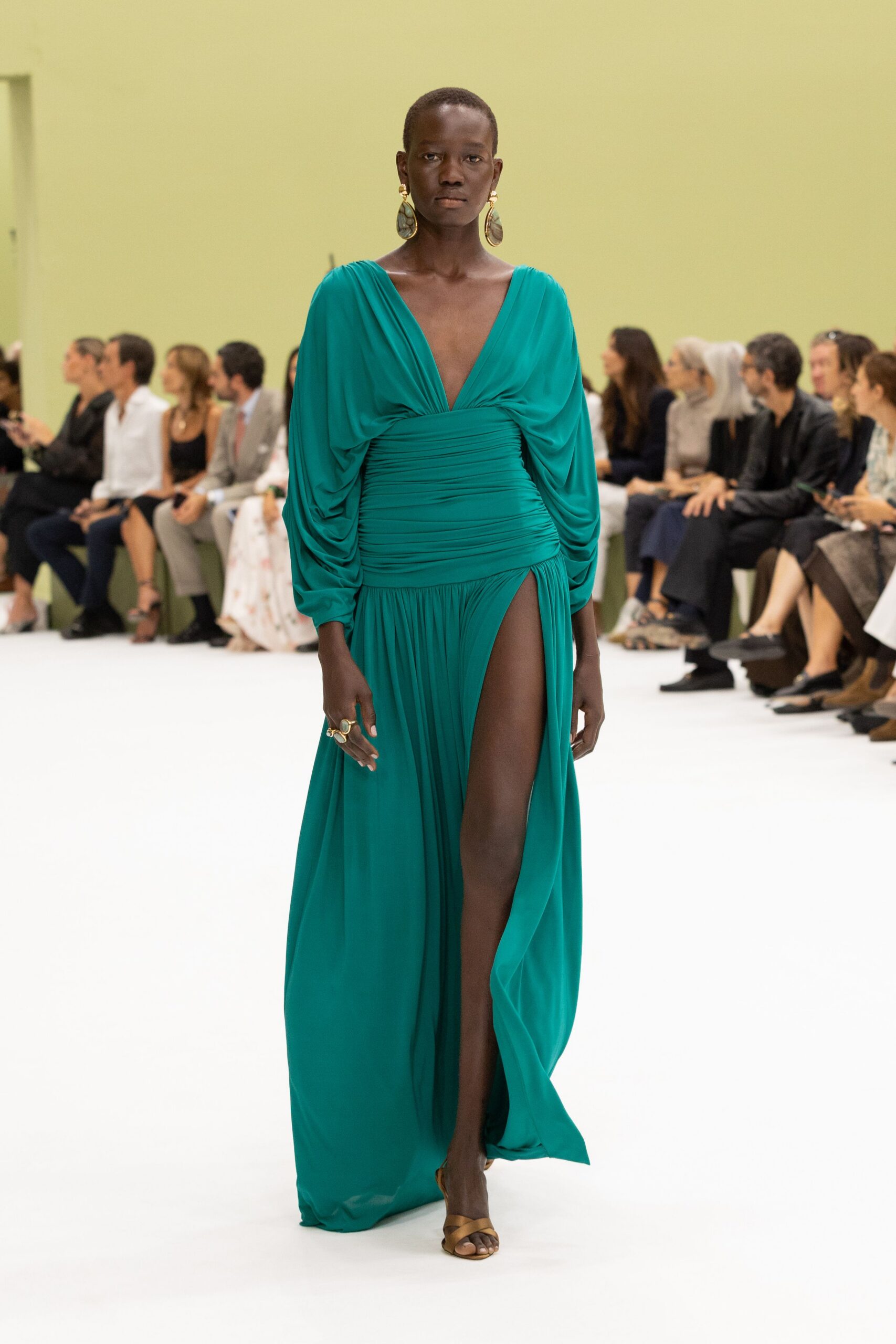 teal unknown long-sleeve low-cut draped ruched flowing gown
