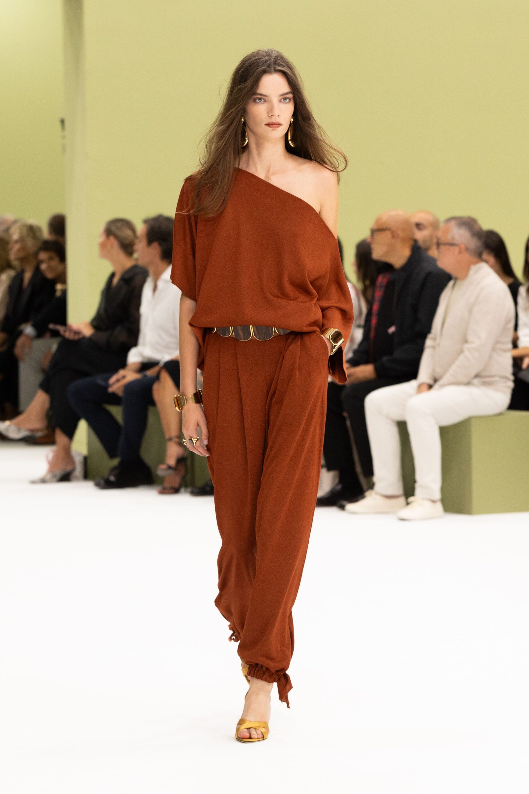 orange crepe asymmetric off-shoulder relaxed draped flowing jumpsuit