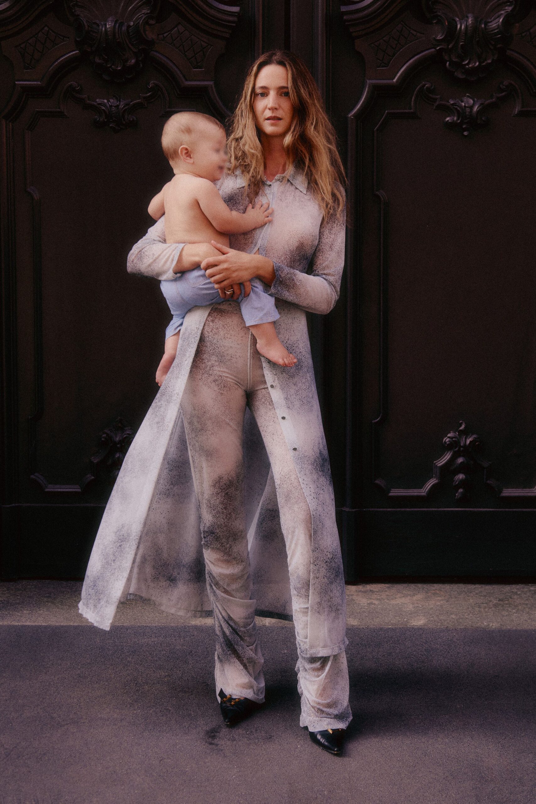 white mesh printed wide-leg sheer pants