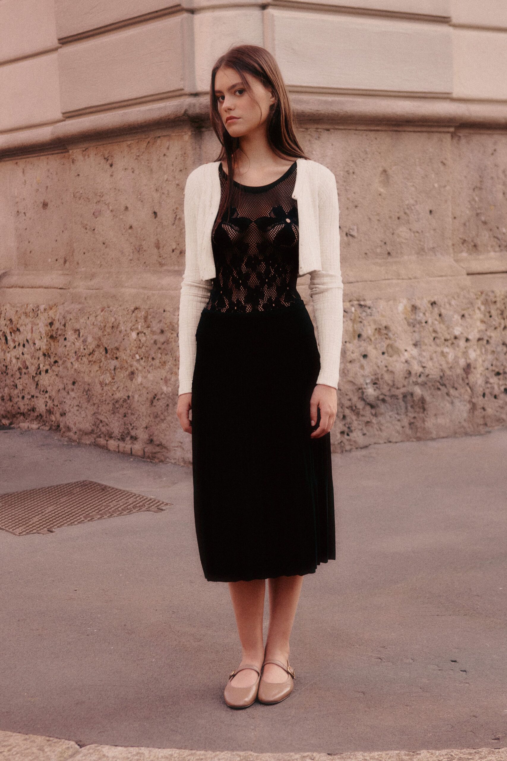 black crochet bodice midi dress
