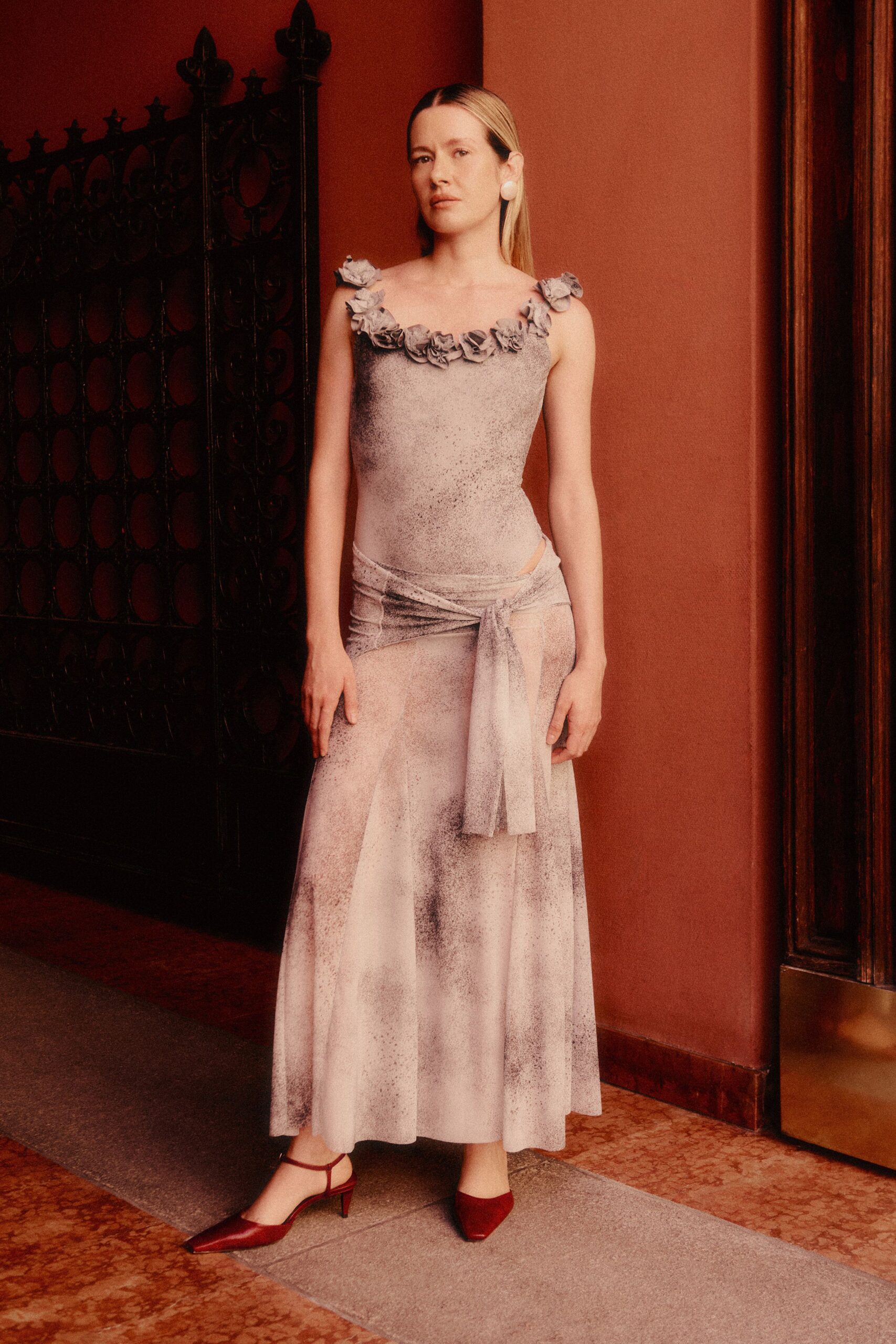 rosette neckline cutout maxi dress