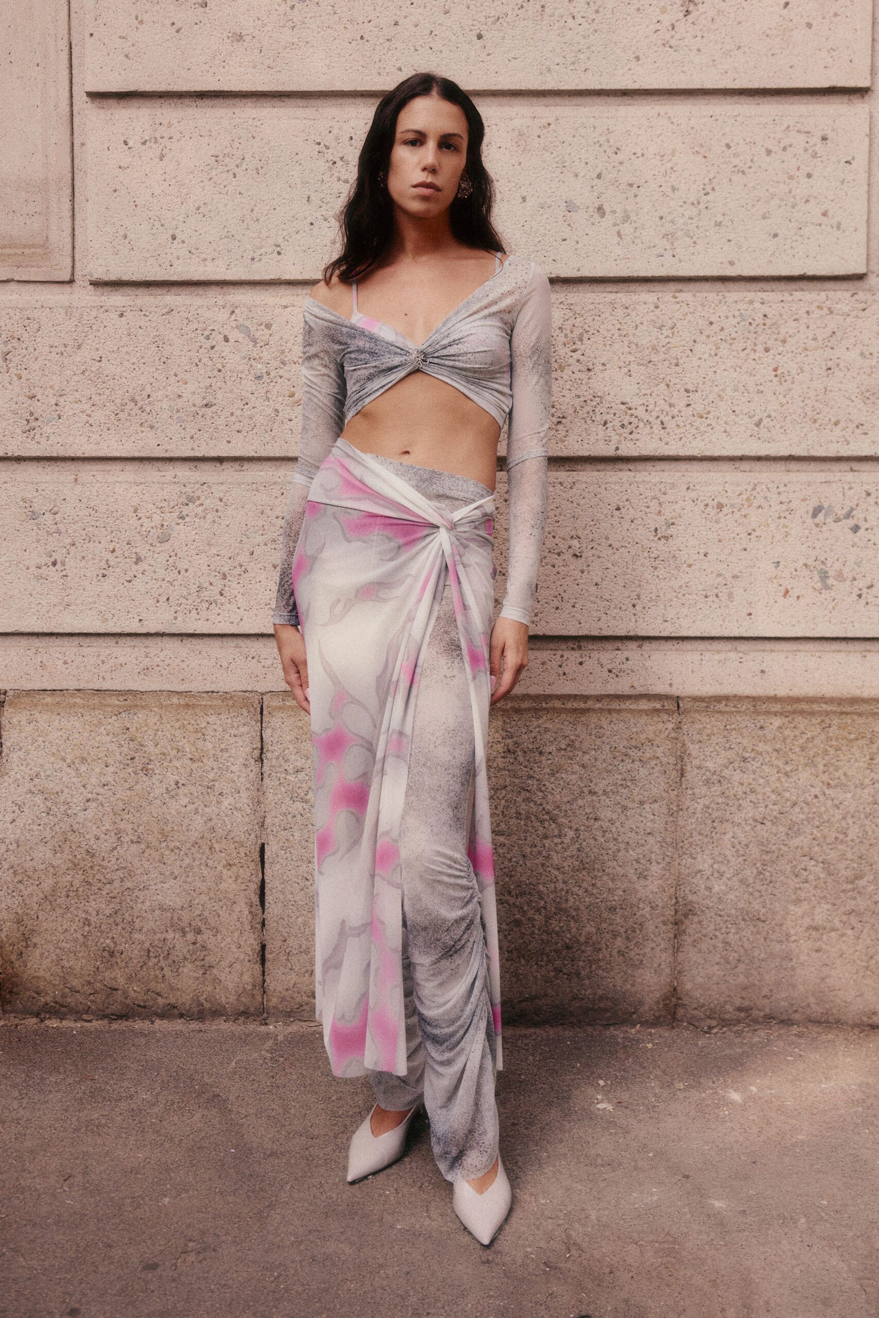 twist-front cutout top with sarong skirt