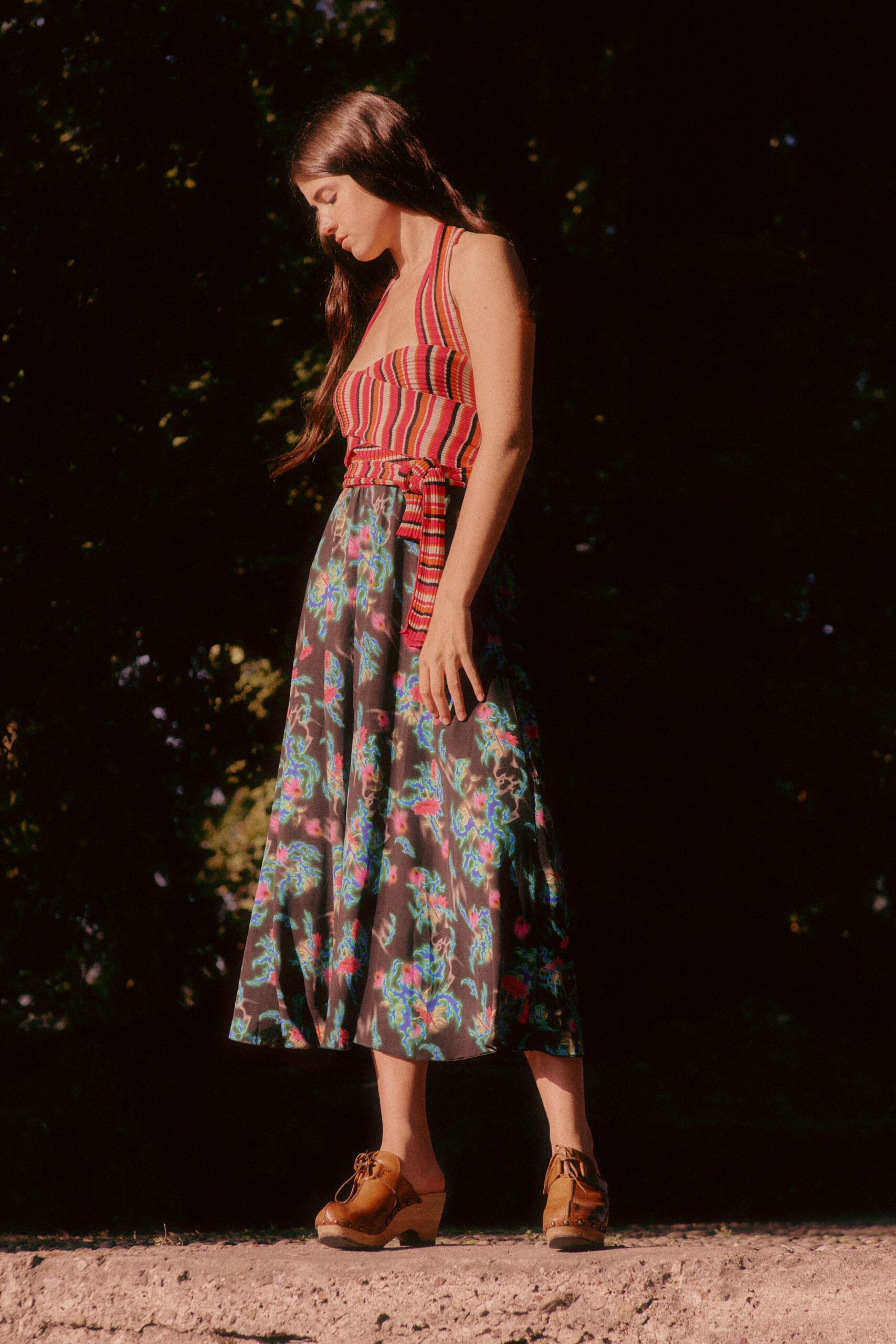 mixed-print halter midi dress