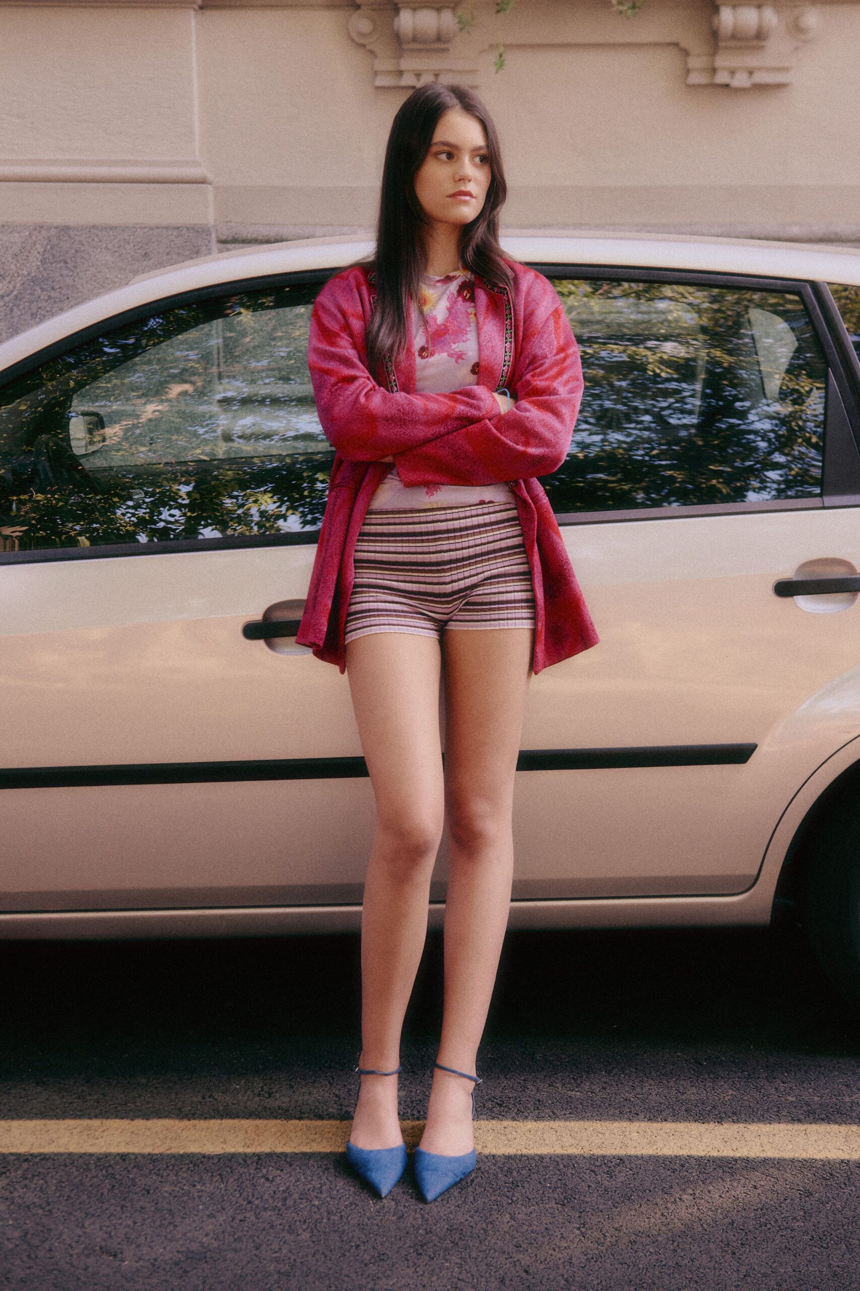 pink textured open-front jacket