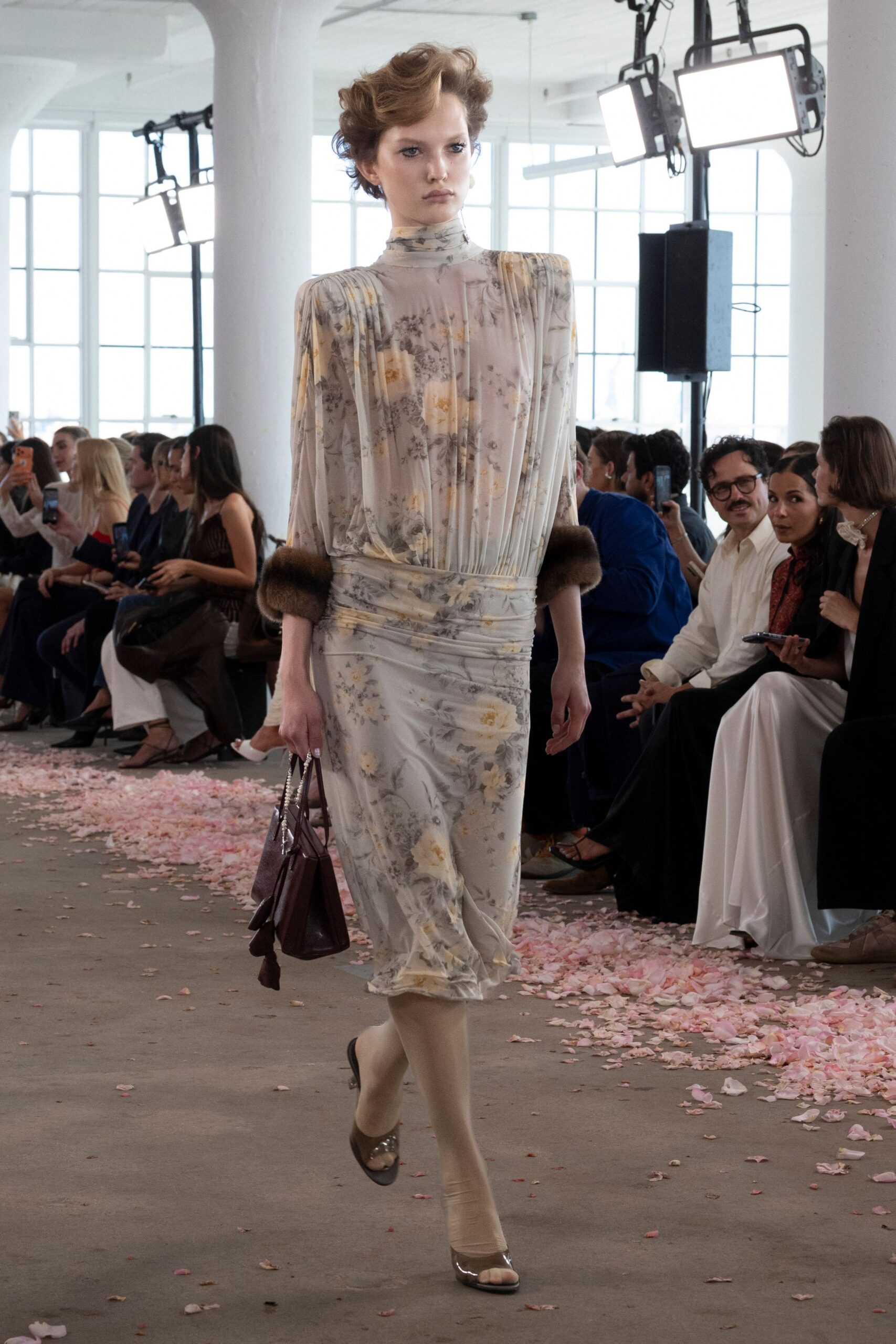 ivory chiffon high-neck long-sleeve floral ruched maxi-dress