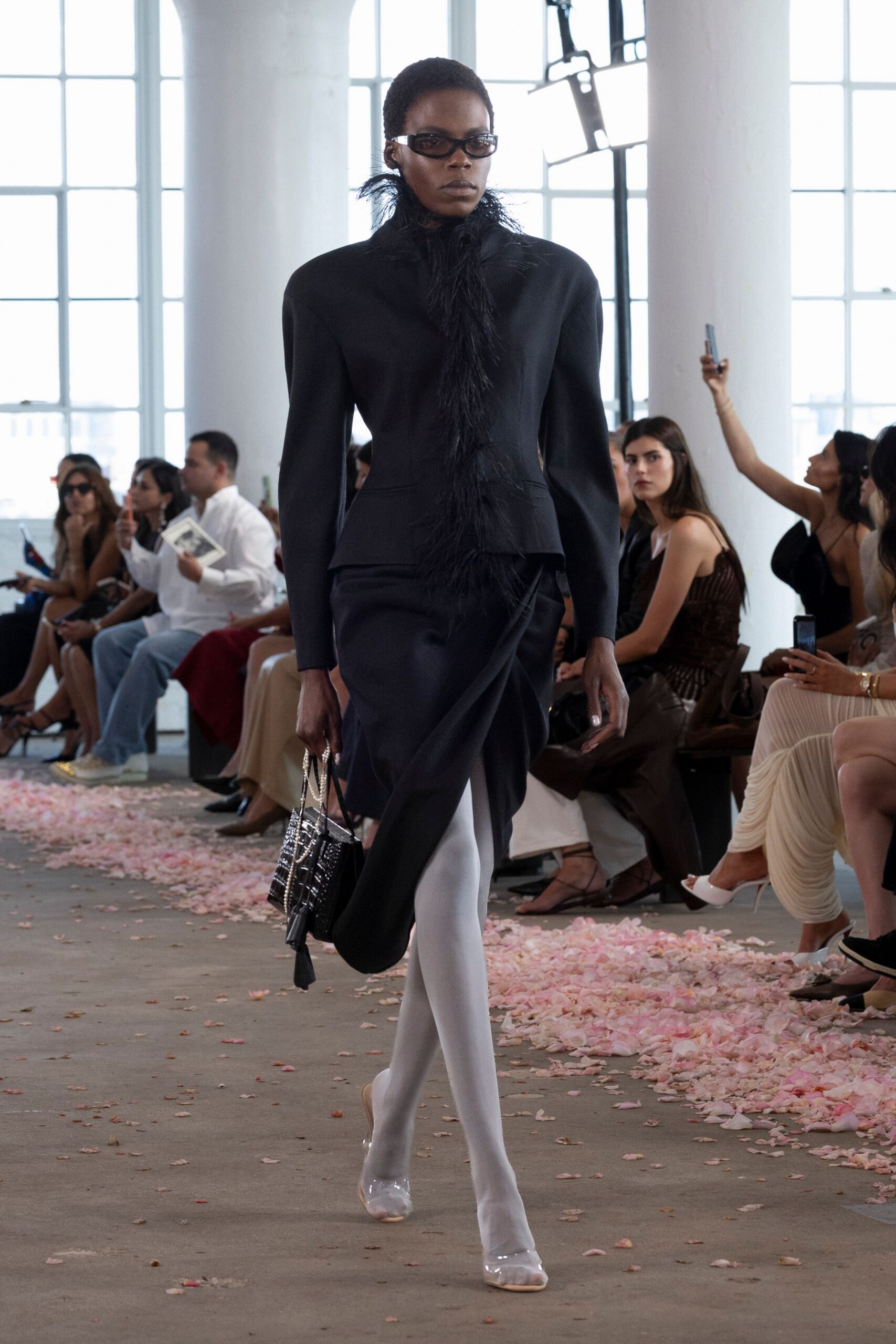 black satin asymmetric slit draped shiny flowing skirt