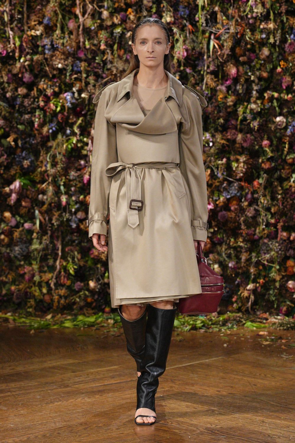 beige unknown long-sleeve collared structured belted draped dress