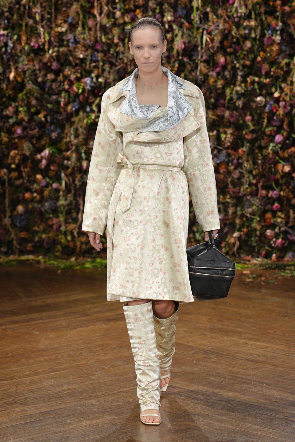 ivory brocade long-sleeve collared tailored floral belted coat