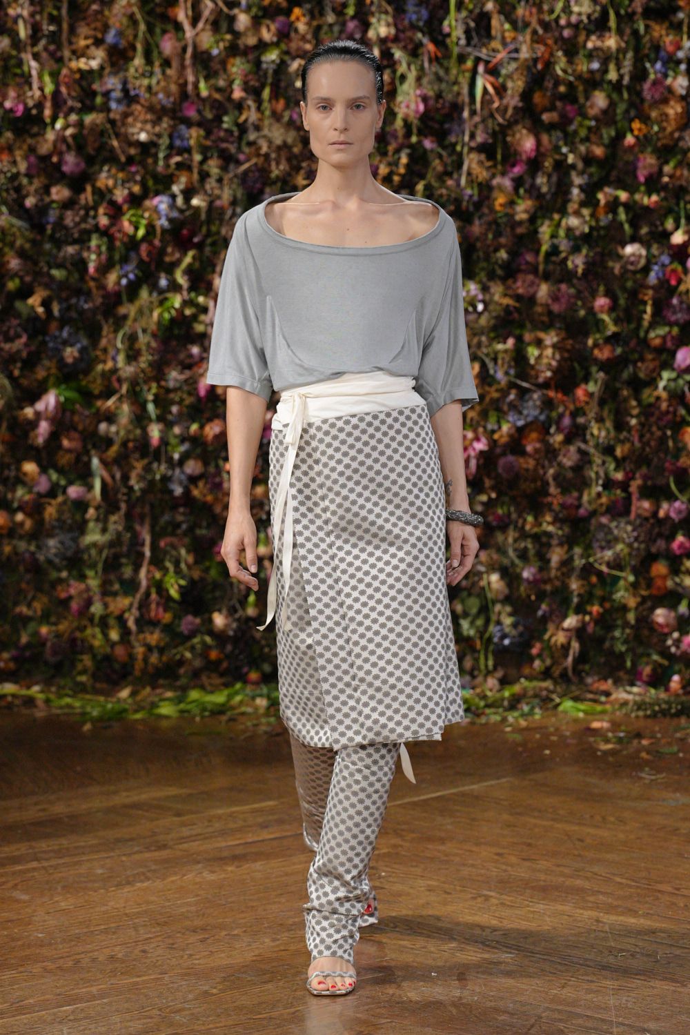 gray draped boat-neck top
