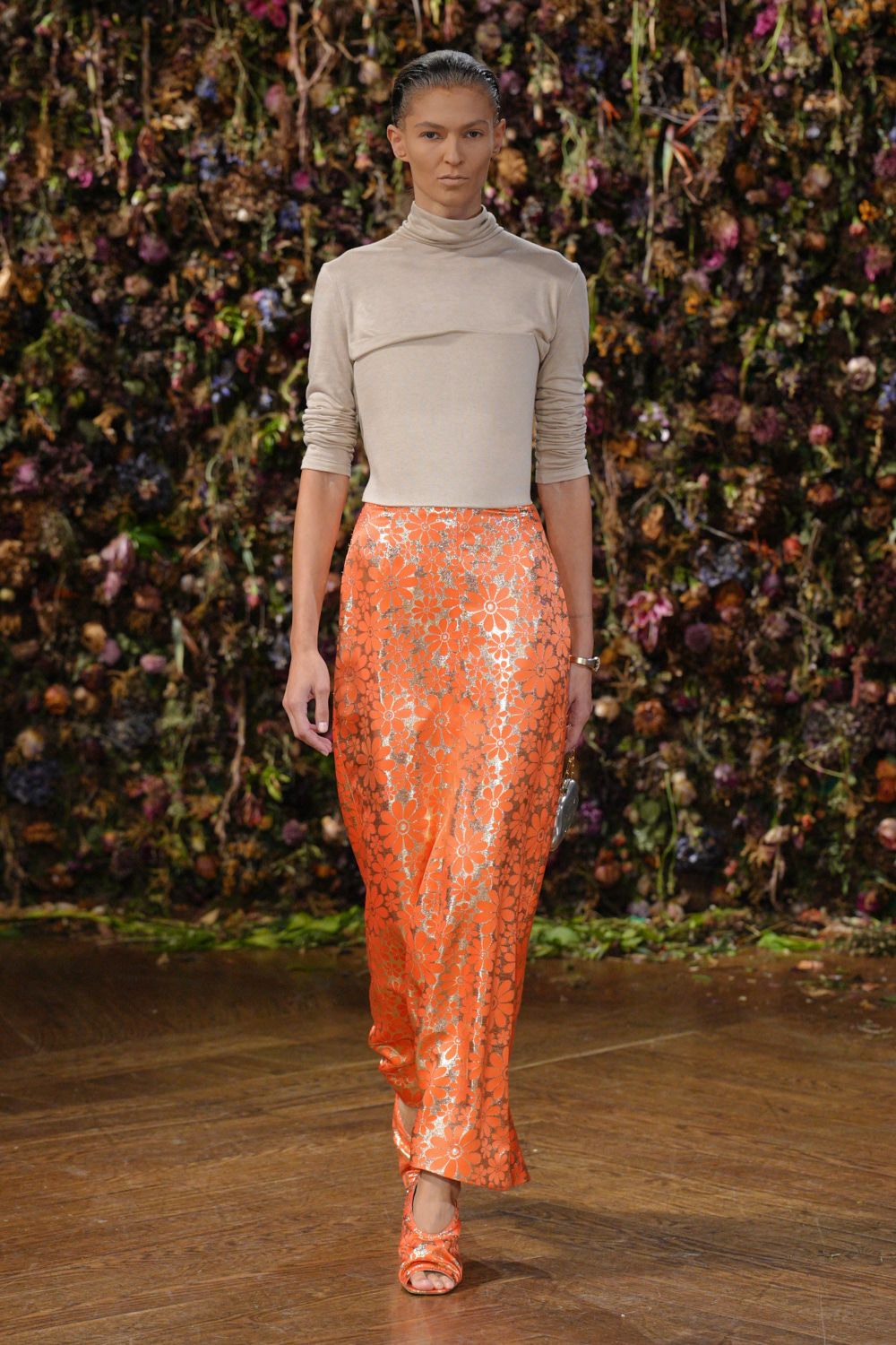 orange metallic floral maxi skirt