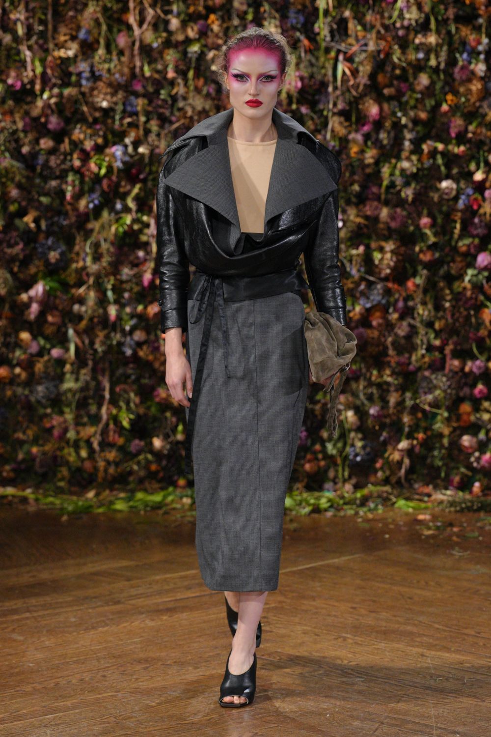 gray unknown long-sleeve collared fitted belted panelled dress