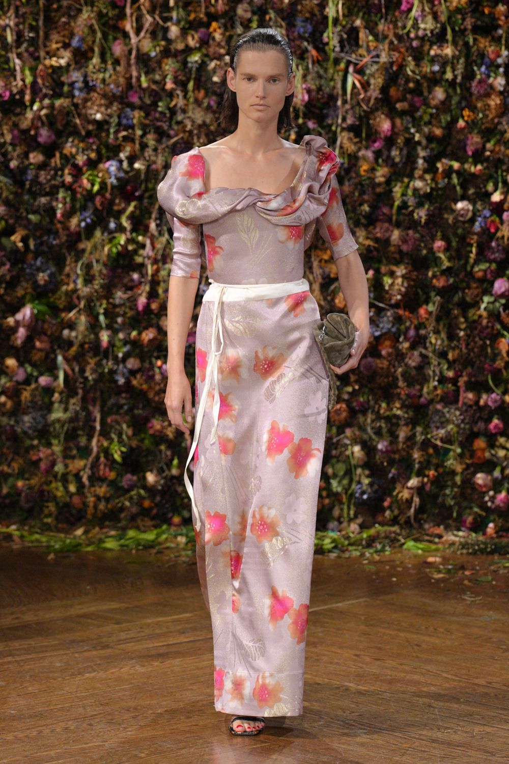 floral draped satin evening gown