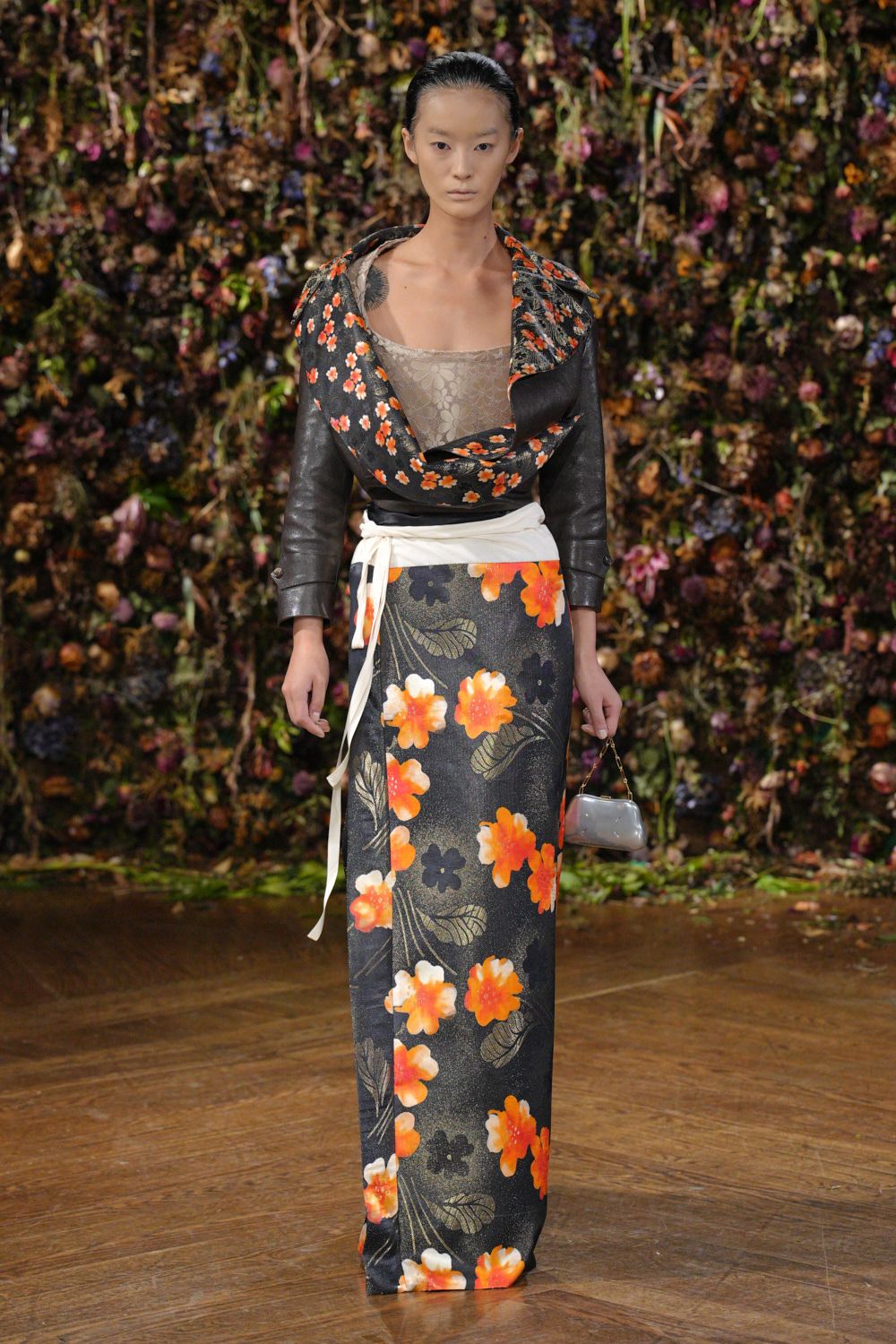 black leather long-sleeve collared floral cropped jacket