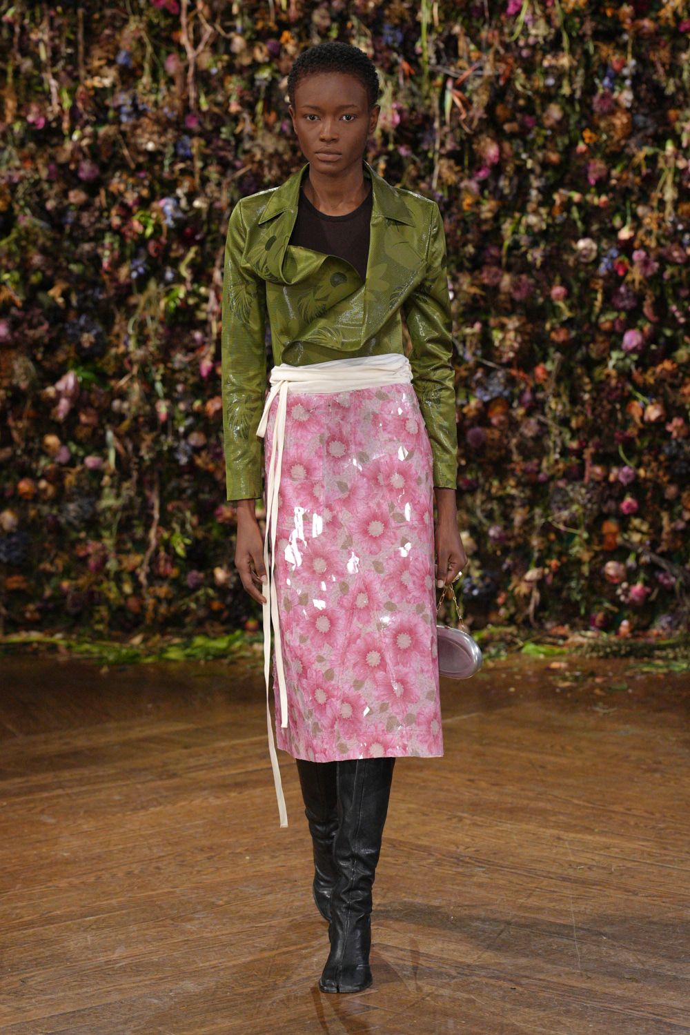 green leather long-sleeve collared structured floral shiny jacket