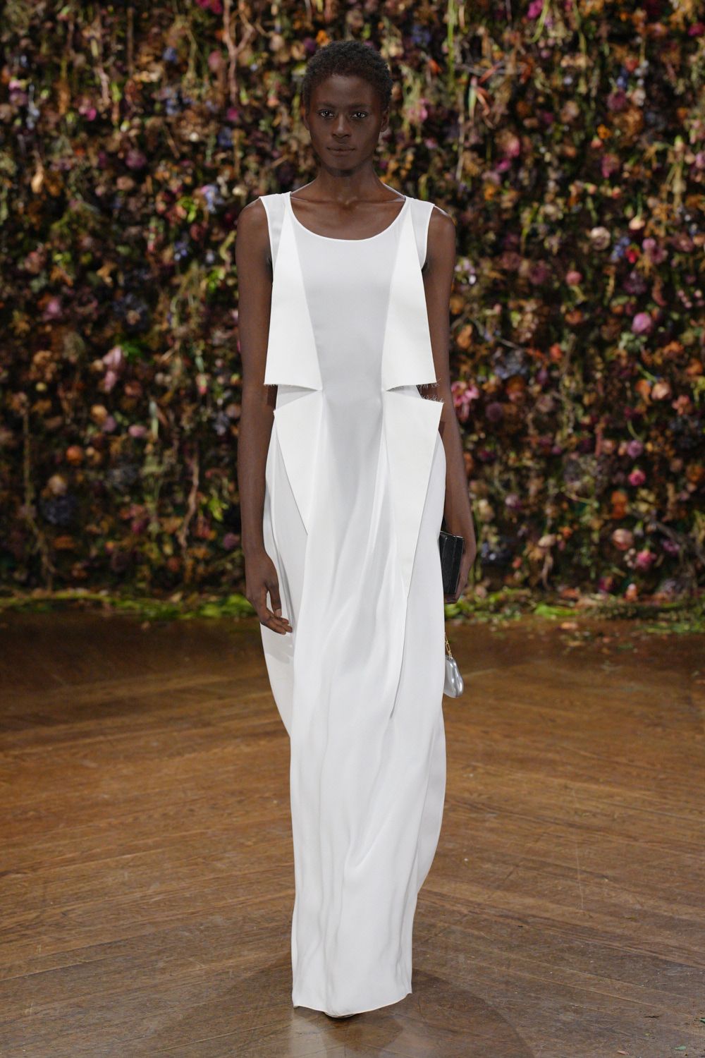 white cape-panel evening gown