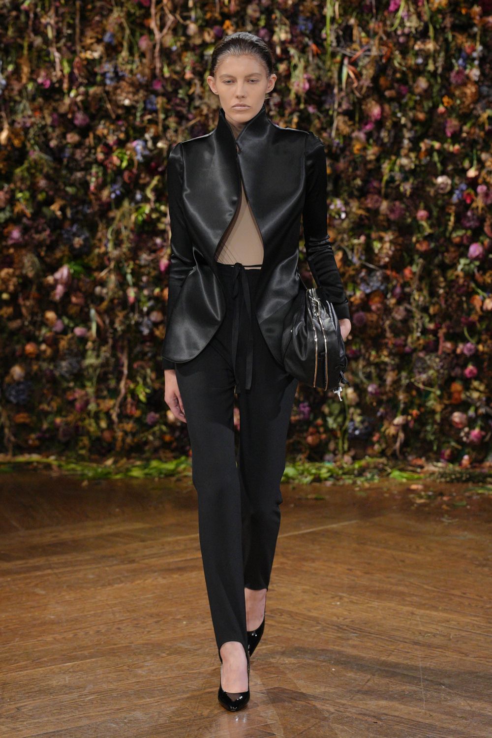 black satin open-front jacket