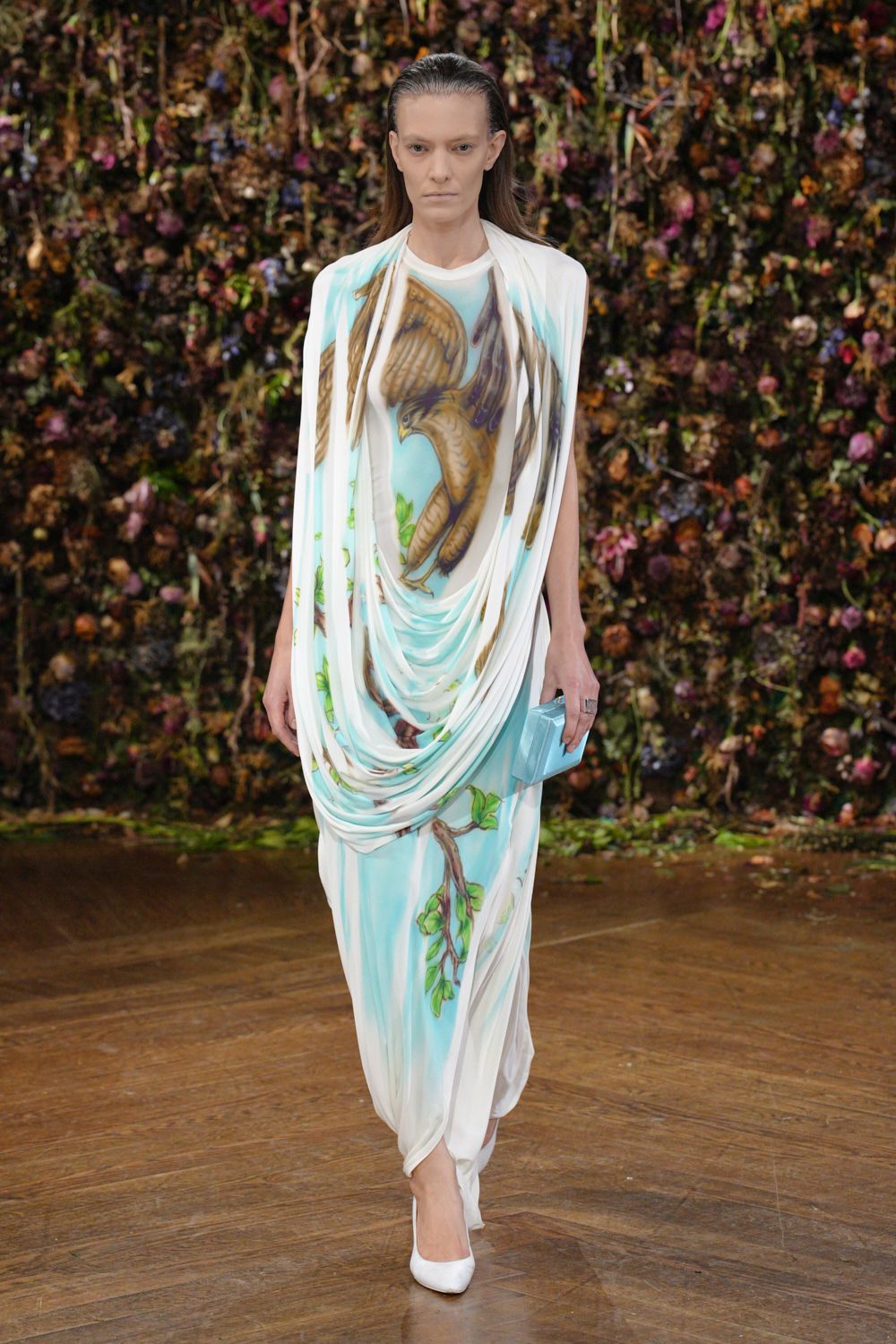 bird-print draped white evening gown