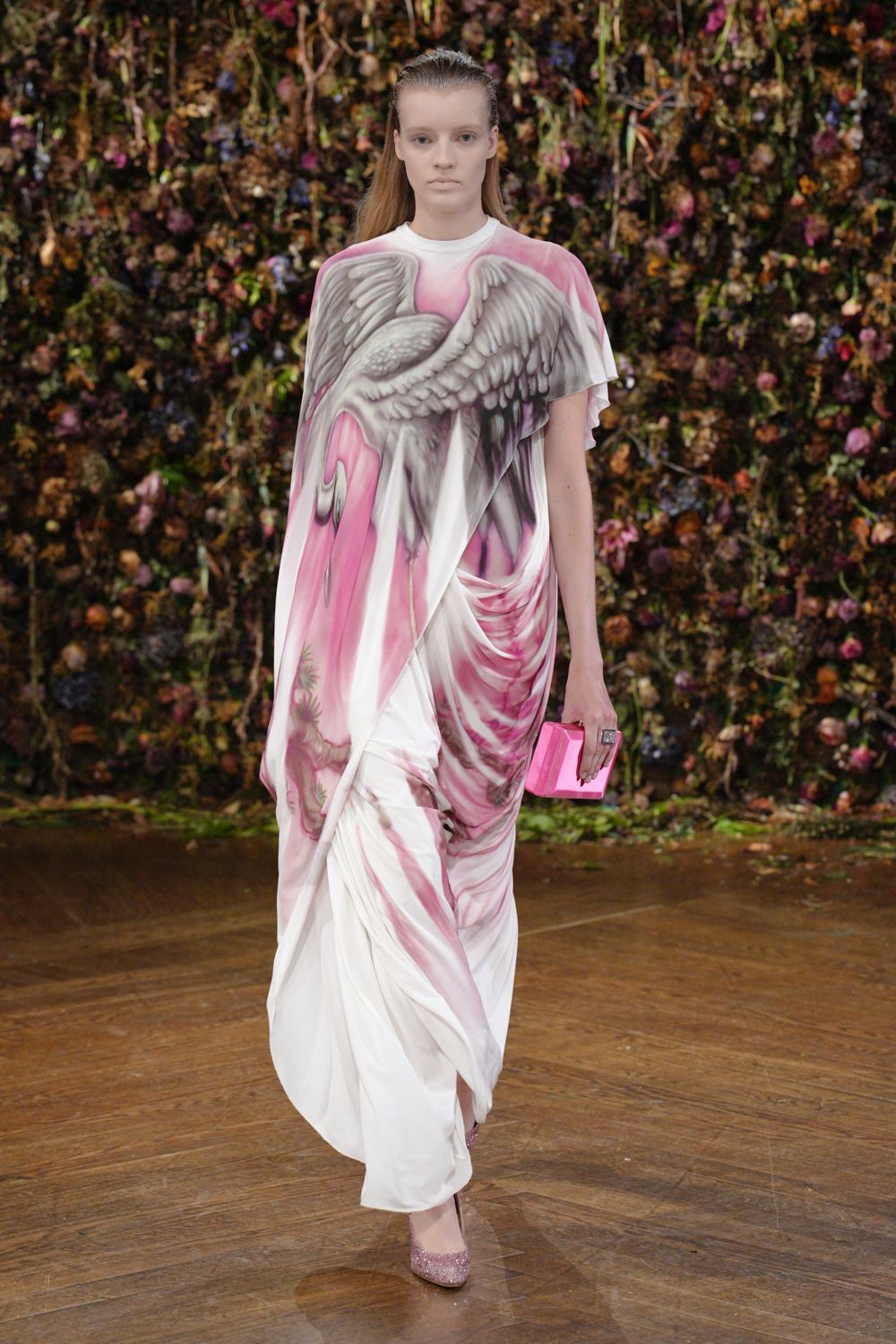 bird-print draped evening gown