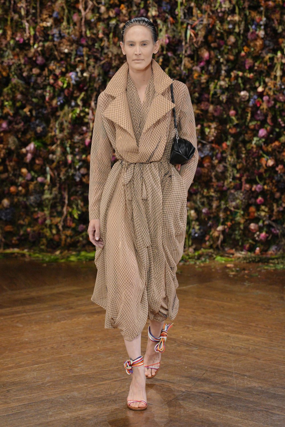 beige chiffon long-sleeve v-neck relaxed printed draped dress