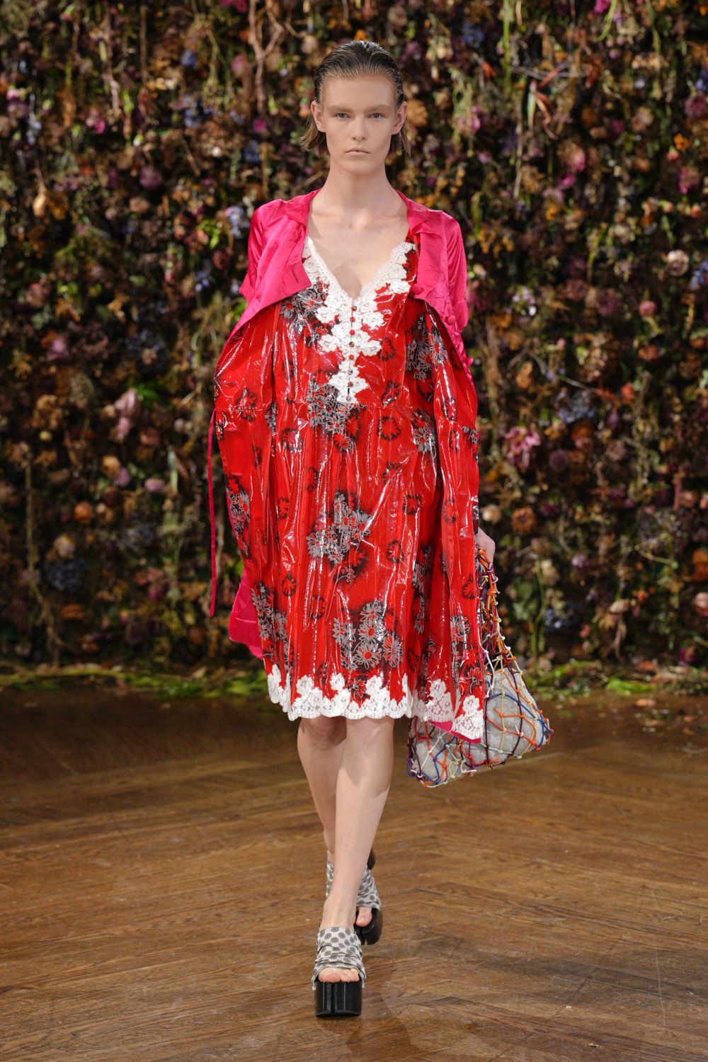red floral lace-trim vinyl mini dress