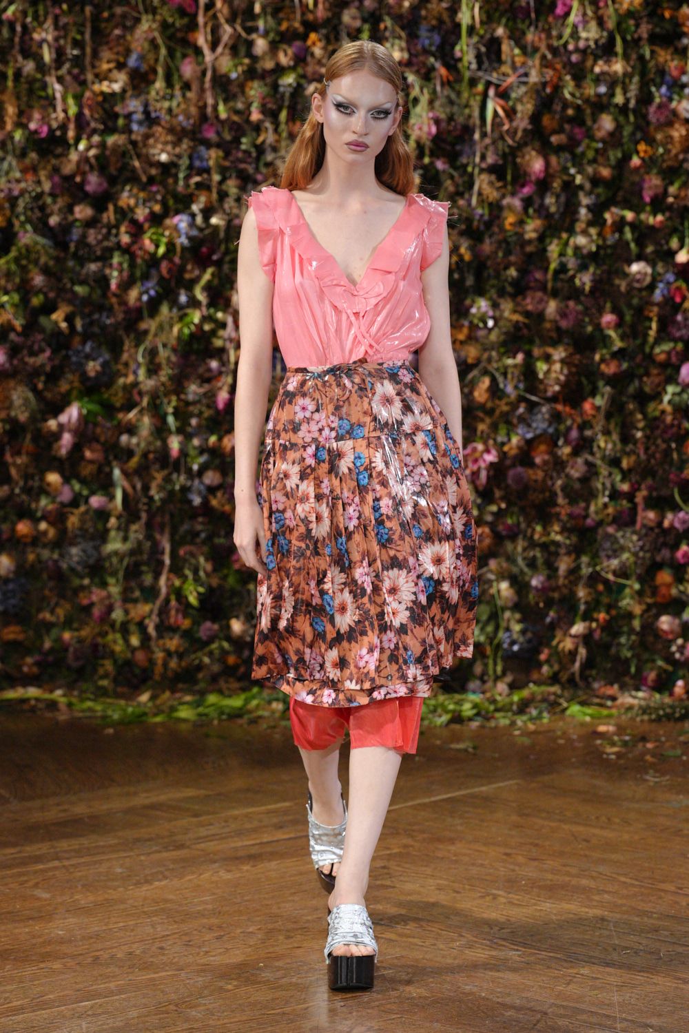 ruffled floral chiffon midi dress