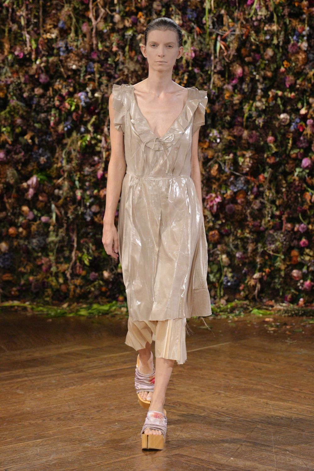 champagne vinyl ruffle-shoulder dress