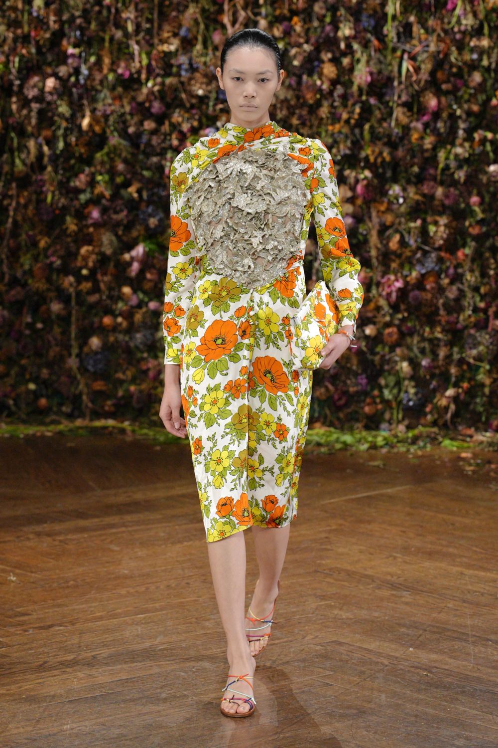 floral midi dress with embellished bodice