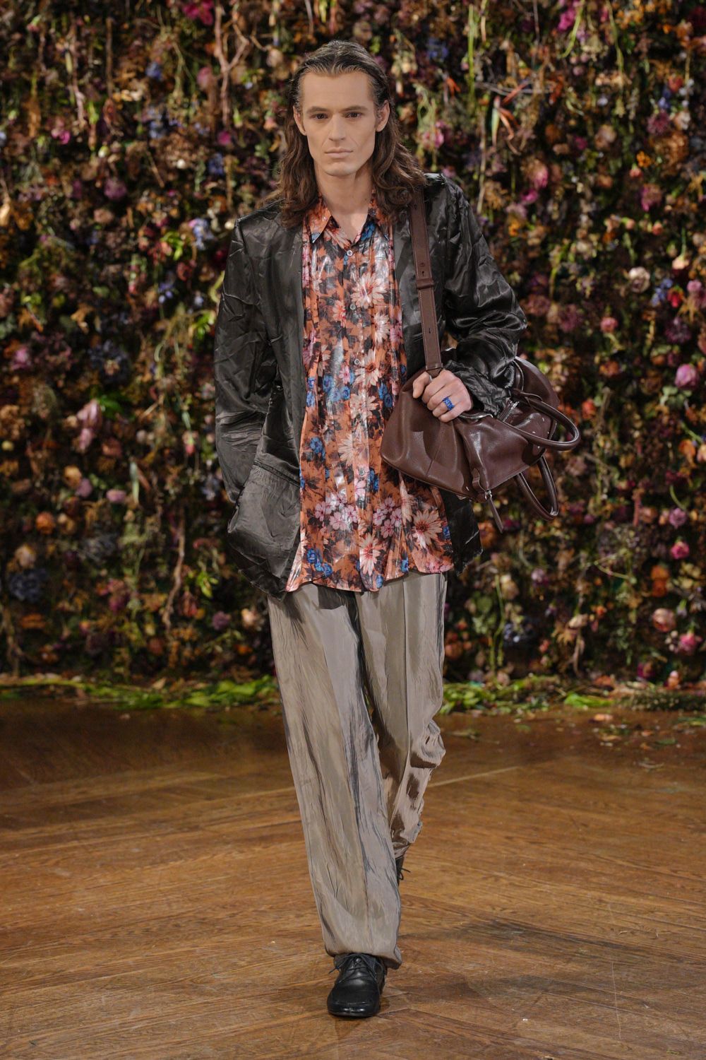 orange unknown collared long-sleeve buttoned floral shirt