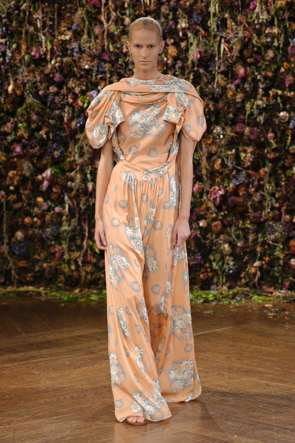 floral draped peach jumpsuit