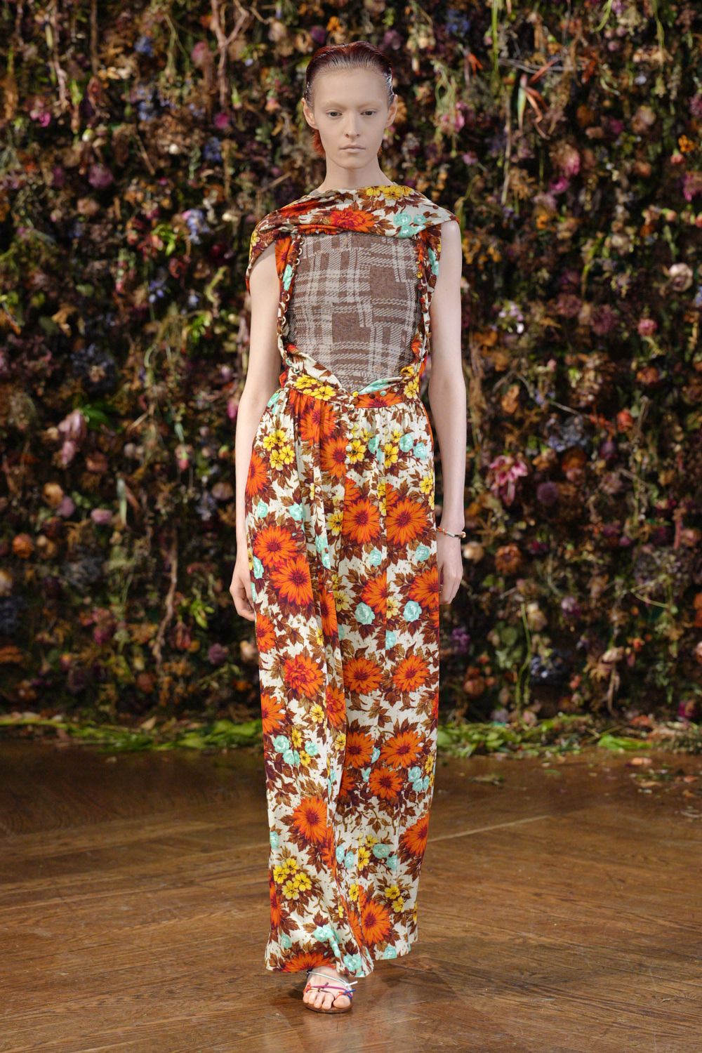 floral wide-leg jumpsuit with plaid bodice
