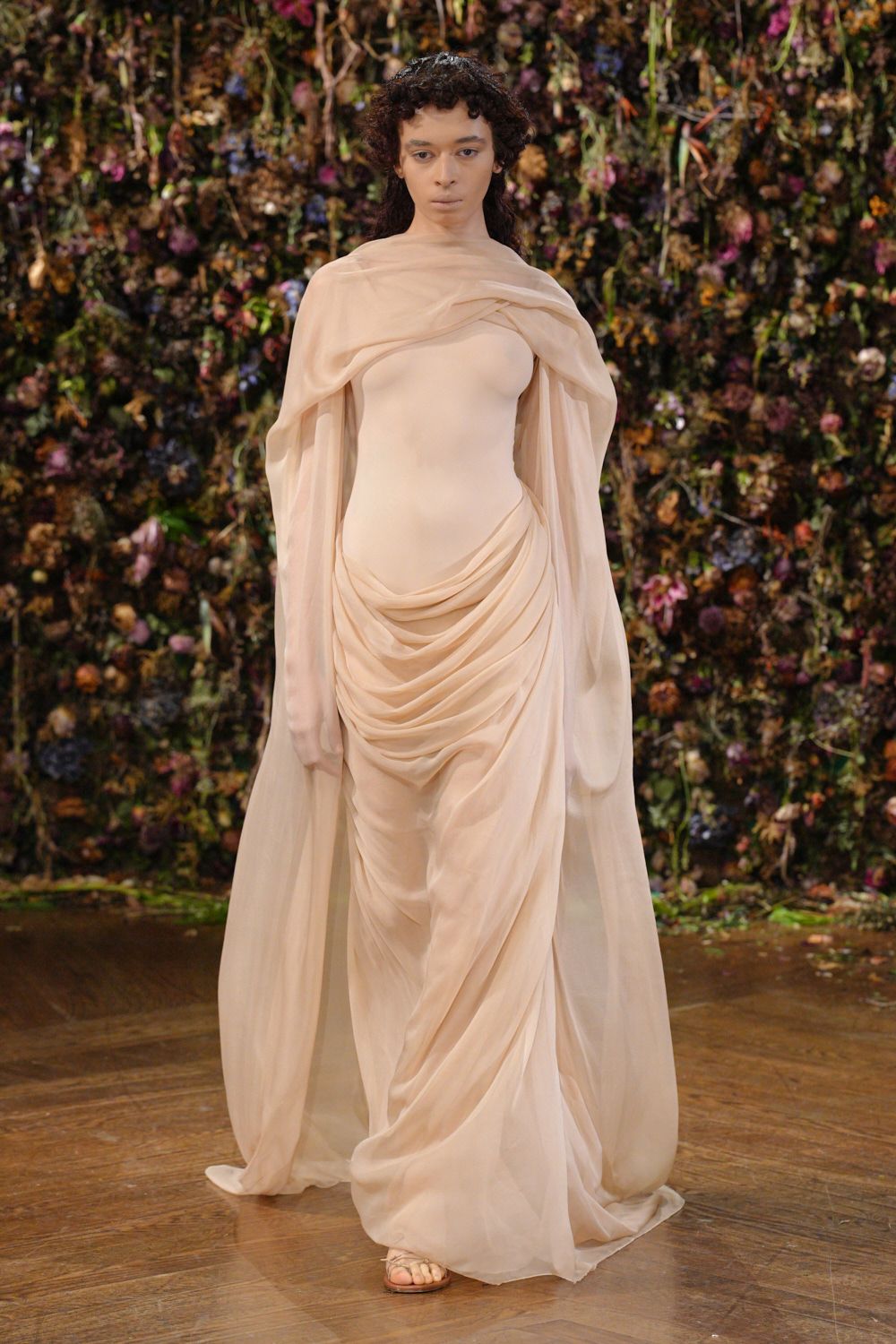 draped sheer champagne evening gown