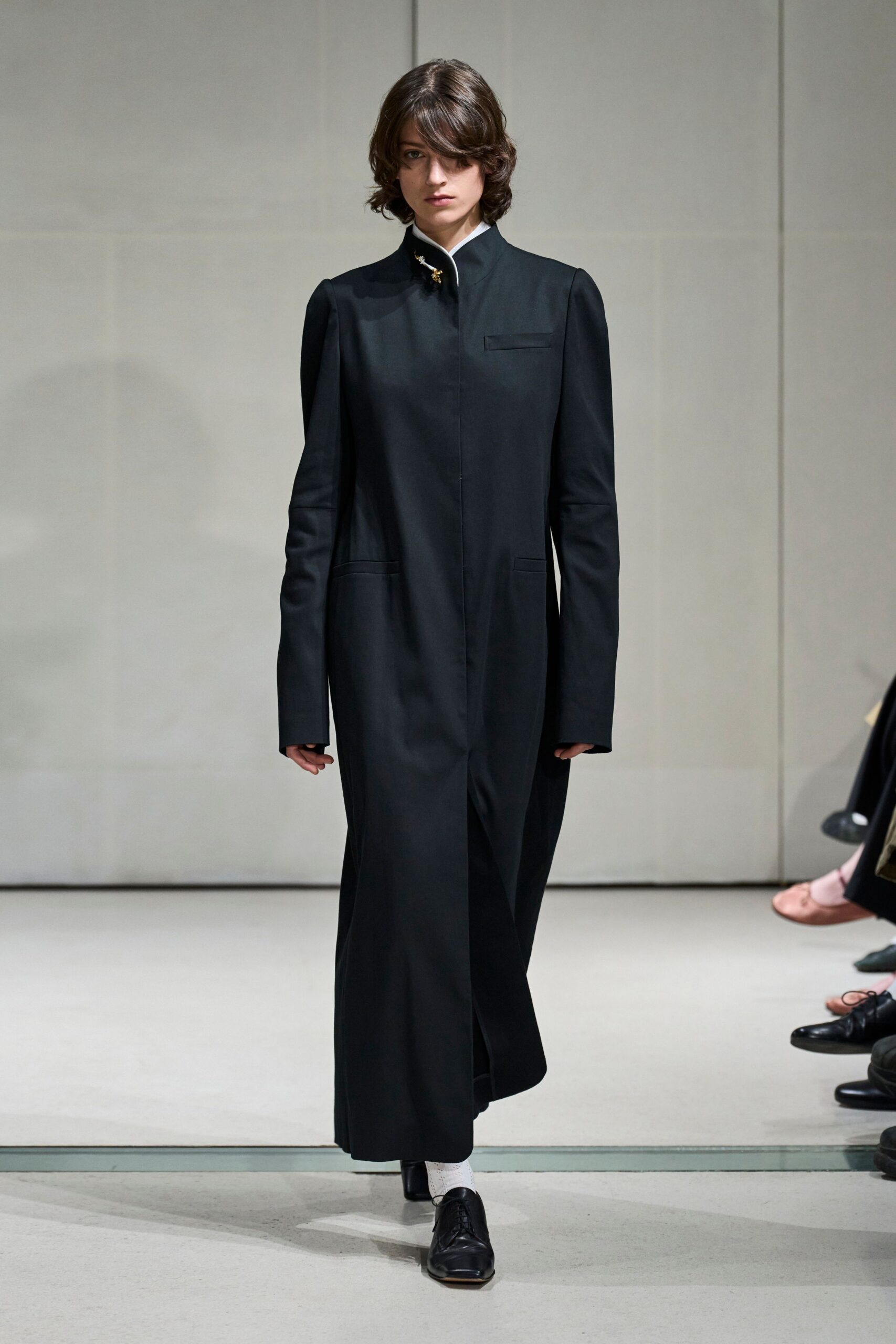 black mandarin-collar maxi coat