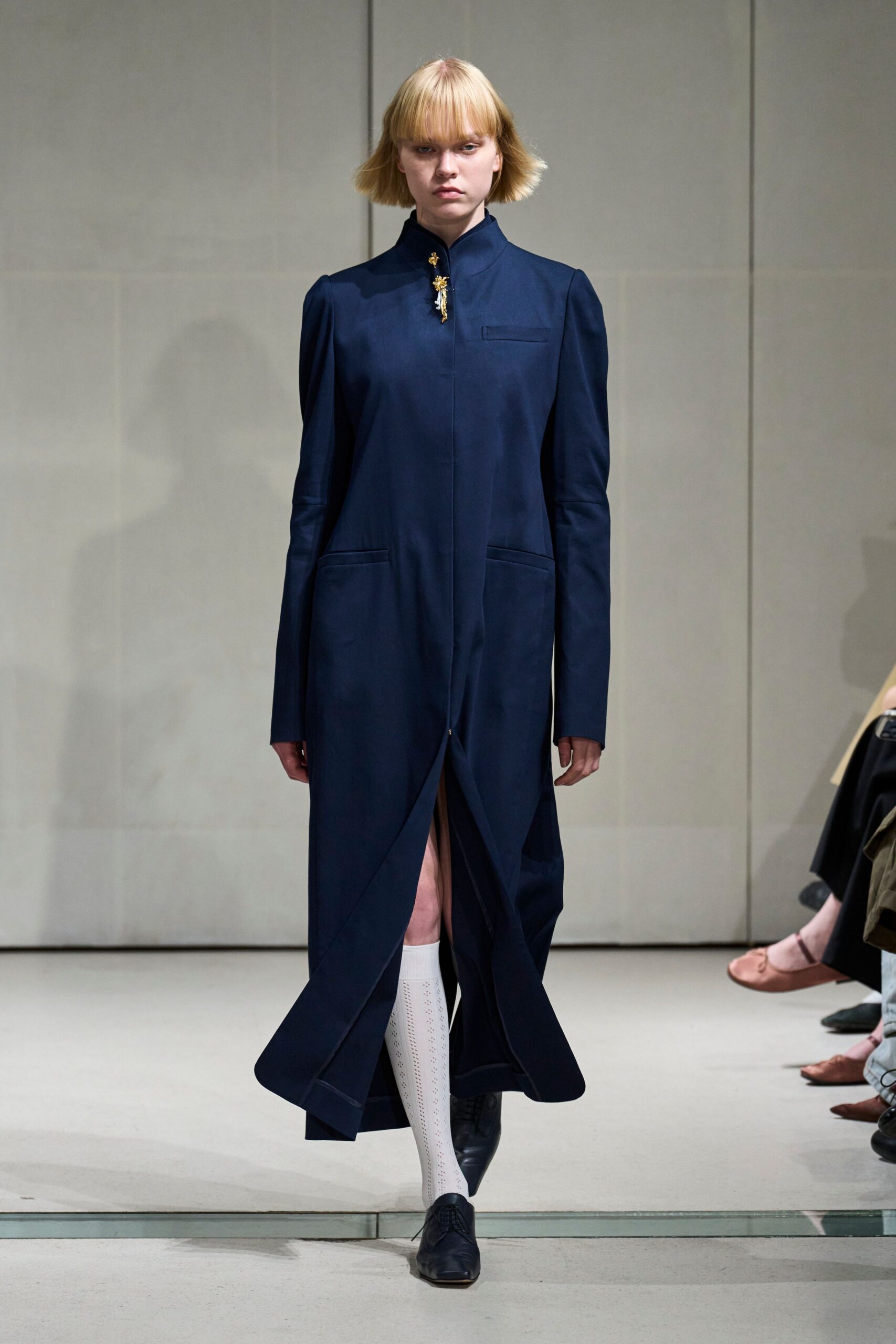 mandarin-collar navy maxi coat