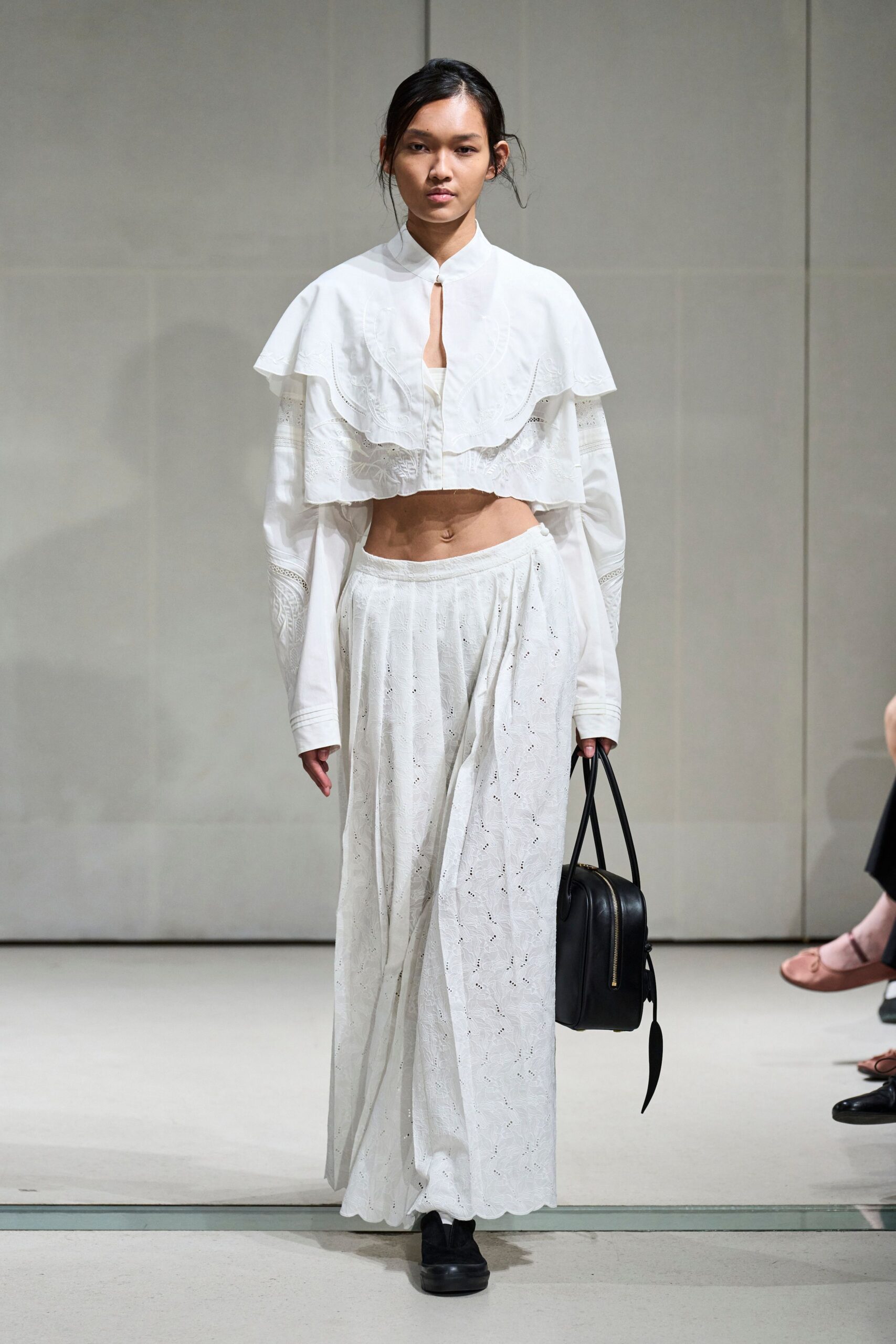 white cotton long-sleeve high-neck embroidered ruffled cropped blouse
