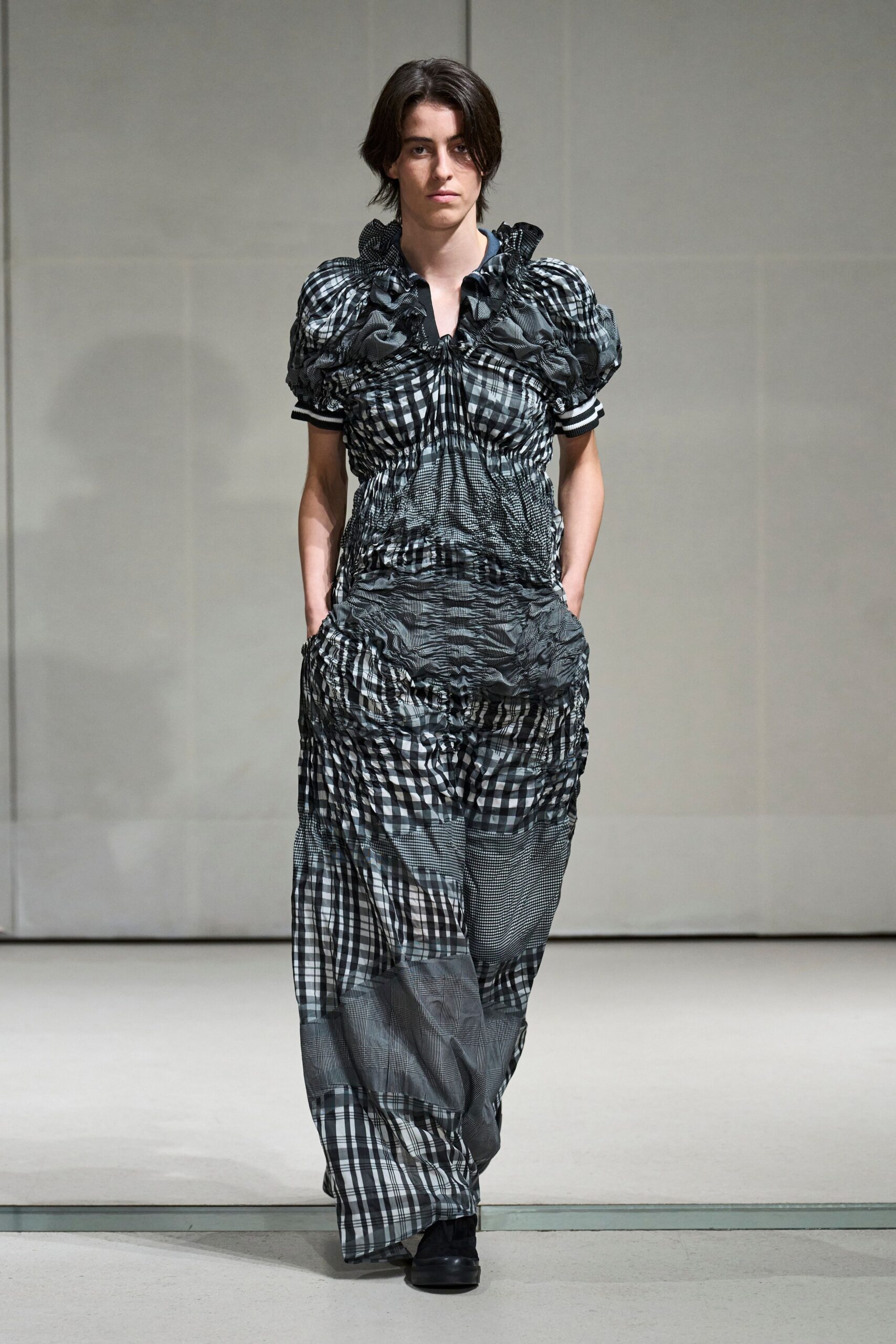 ruffled patchwork gingham maxi dress
